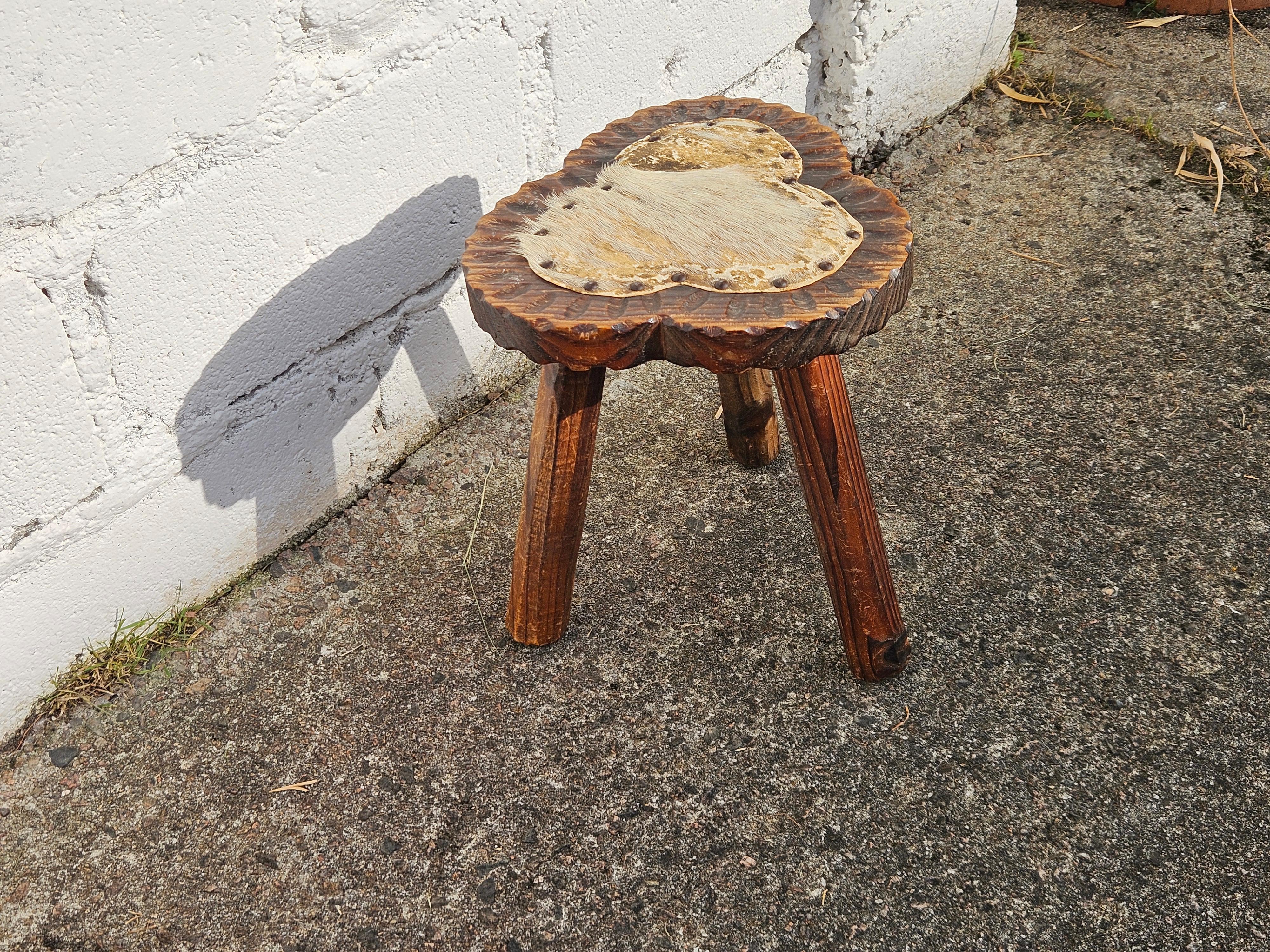 Leather French Vintage Brutalist Hand carved Tripod Stool - 50s
