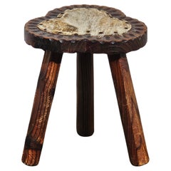 French Vintage Brutalist Hand carved Tripod Stool - 50s
