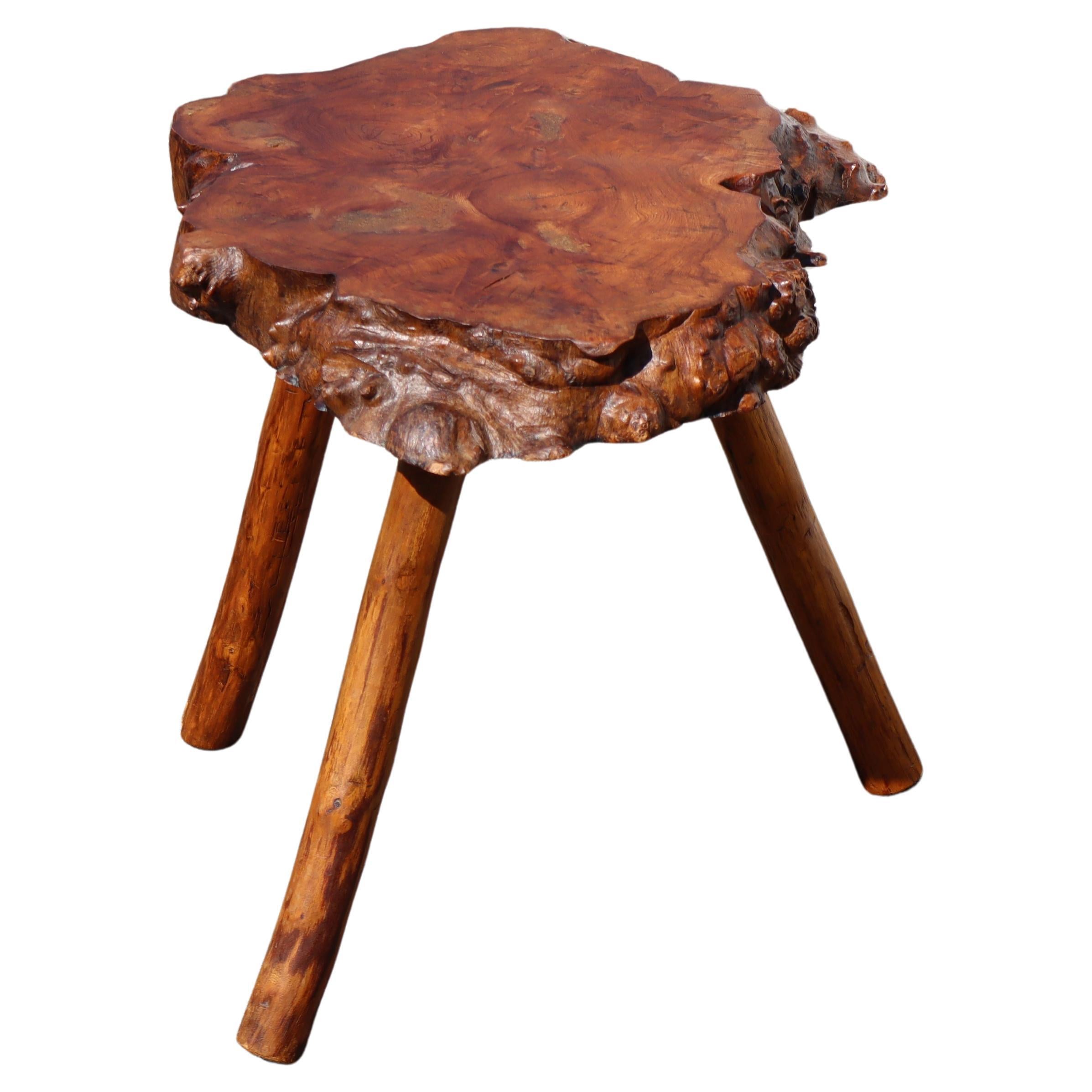 Hand-Crafted French vintage Brutalist Tree Trunk Elm Wood Side Table- Coffee Table-50s For Sale