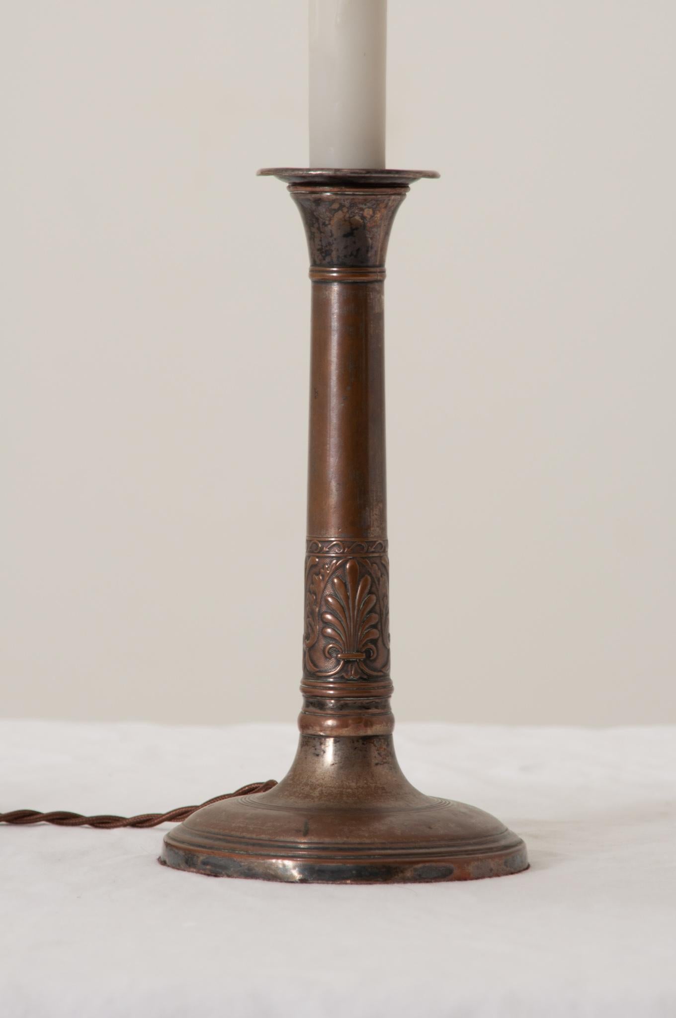 Neoclassical French Vintage Candlestick Lamp with New Shade For Sale