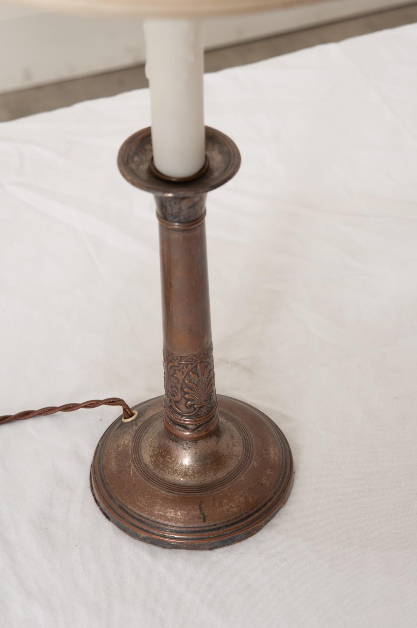 Cast French Vintage Candlestick Lamp with New Shade For Sale