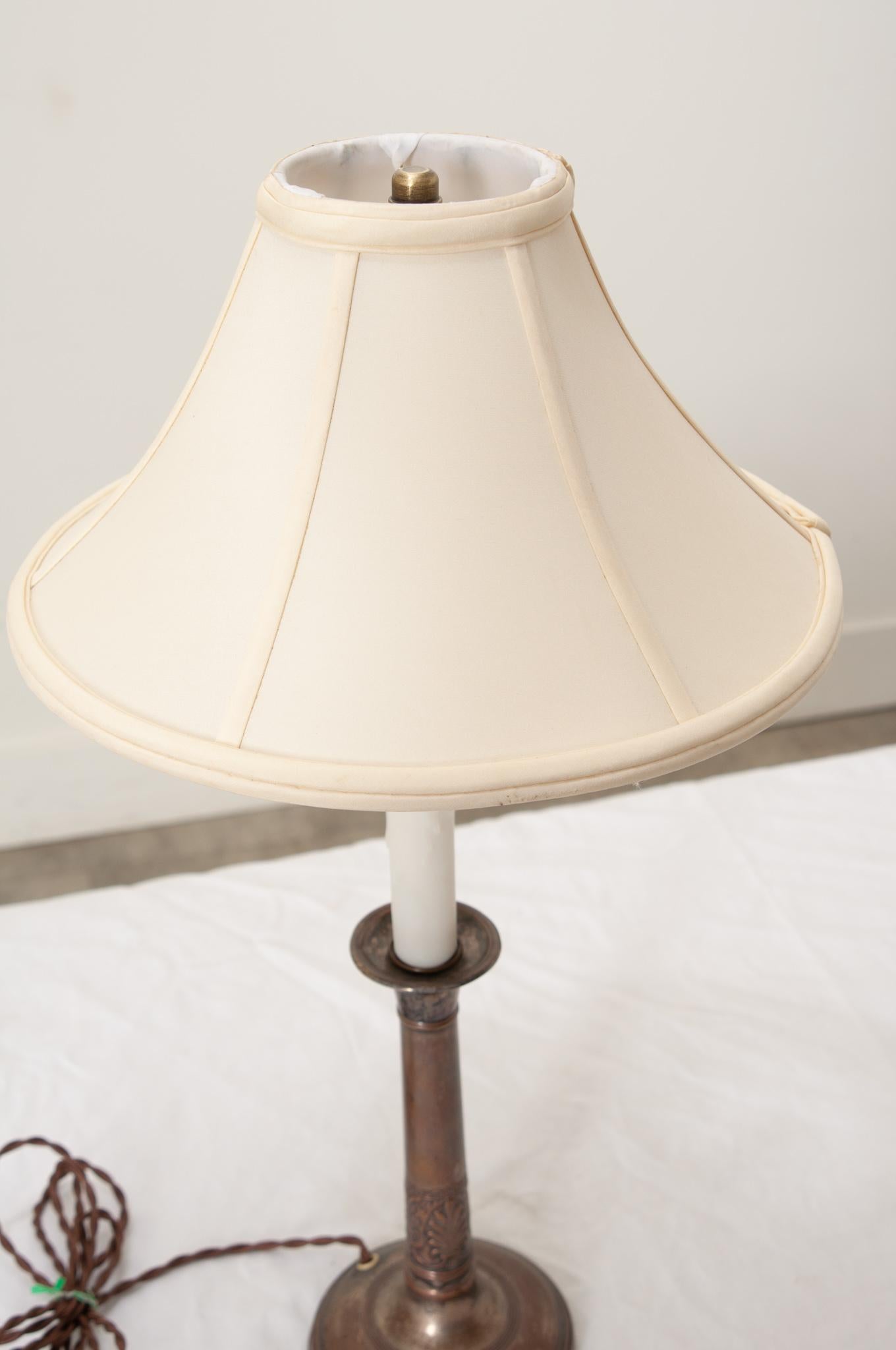 French Vintage Candlestick Lamp with New Shade In Good Condition For Sale In Baton Rouge, LA