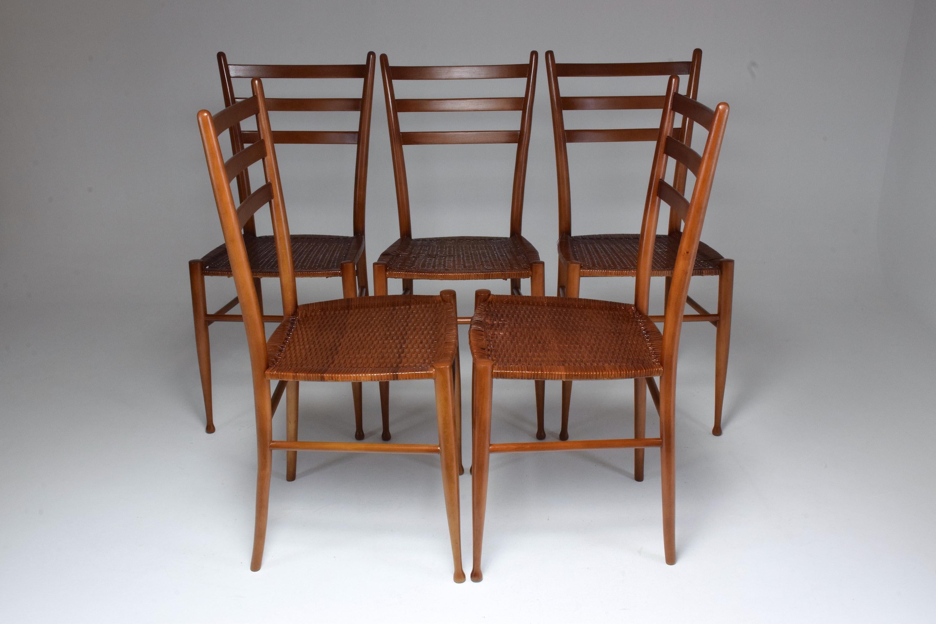 Art Deco French Vintage Cane Dining Chairs, Set of Five, 1930s