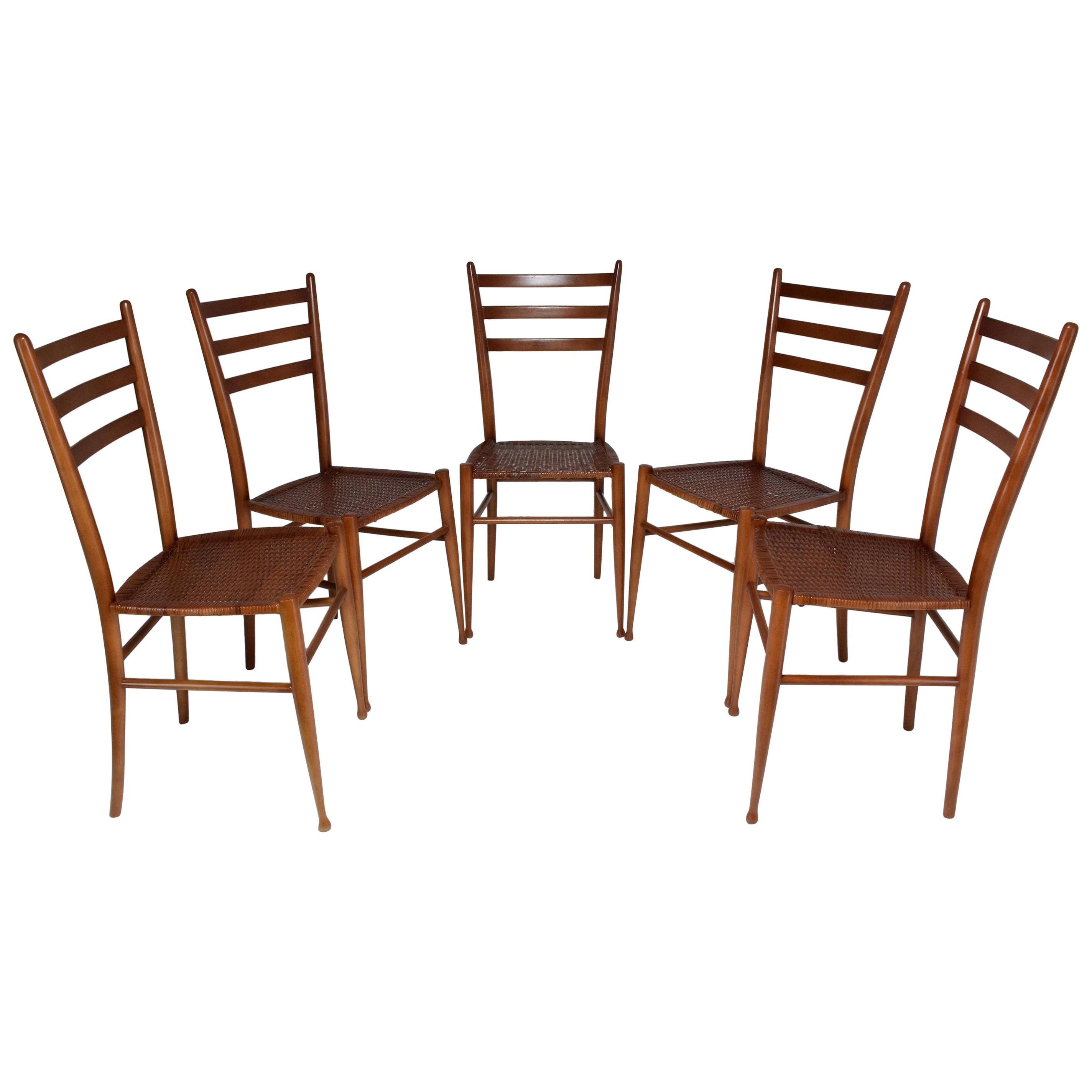 French Vintage Cane Dining Chairs, Set of Five, 1930s