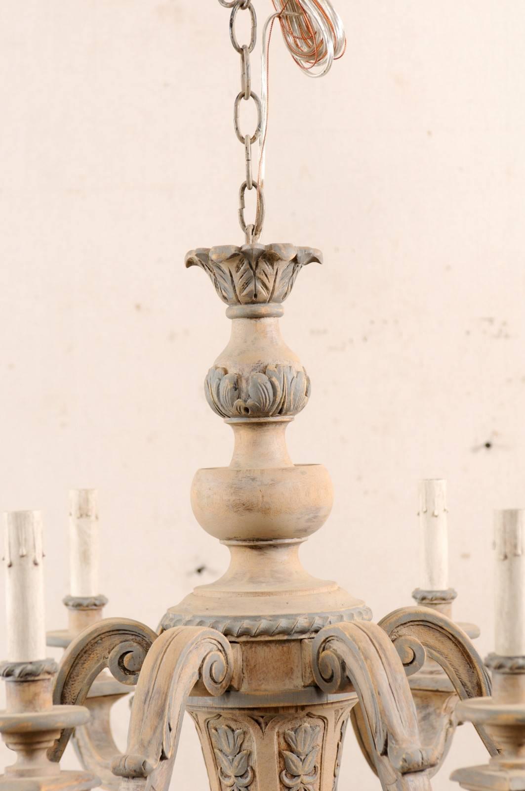 Sculpté French Vintage Carved & Painted Wood Six-Light Chandelier in Light Beige & Grey