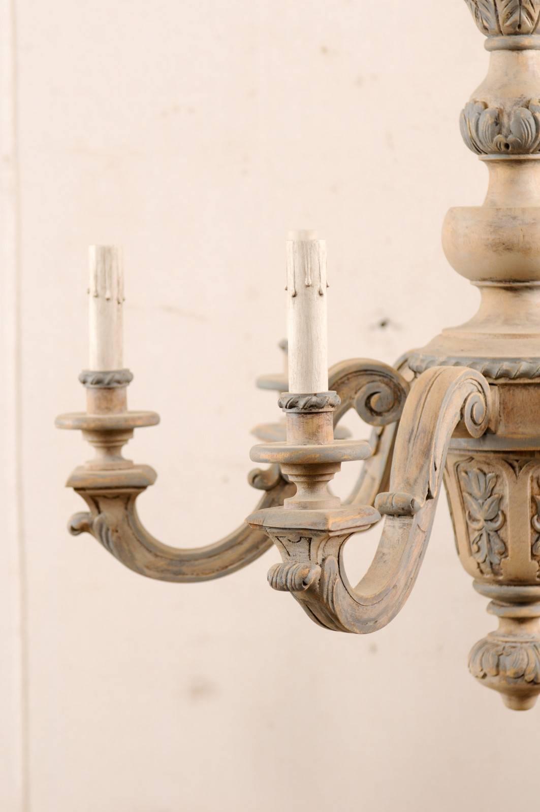 20ième siècle French Vintage Carved & Painted Wood Six-Light Chandelier in Light Beige & Grey