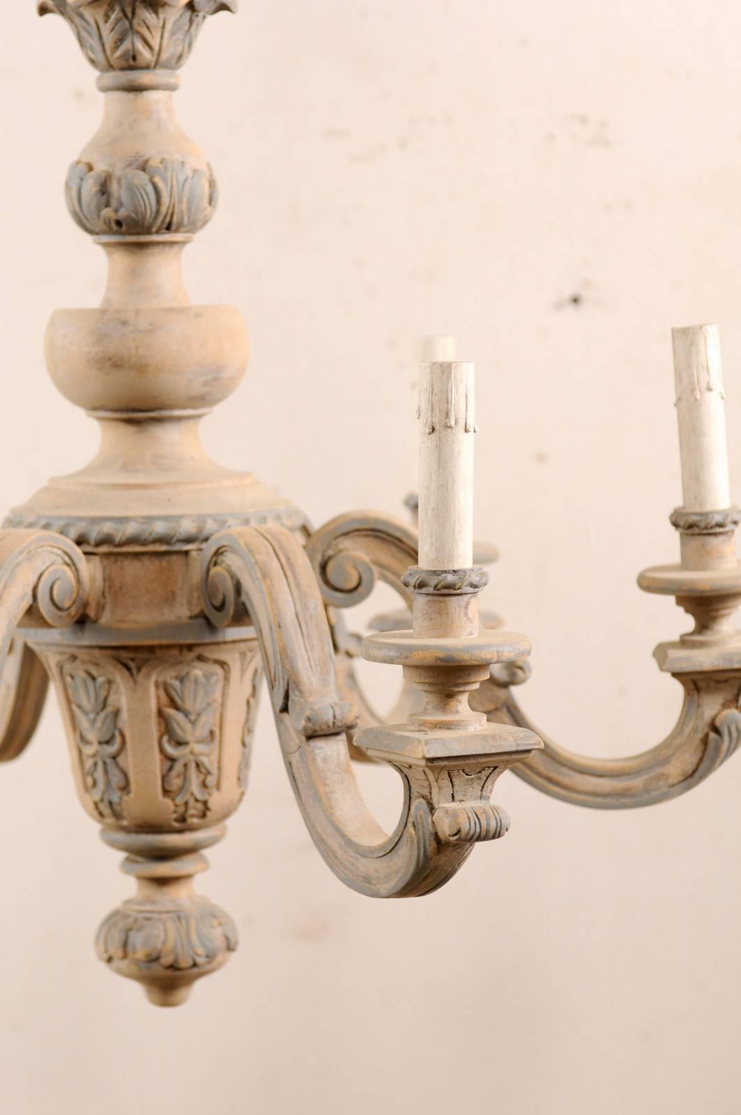 Bois French Vintage Carved & Painted Wood Six-Light Chandelier in Light Beige & Grey