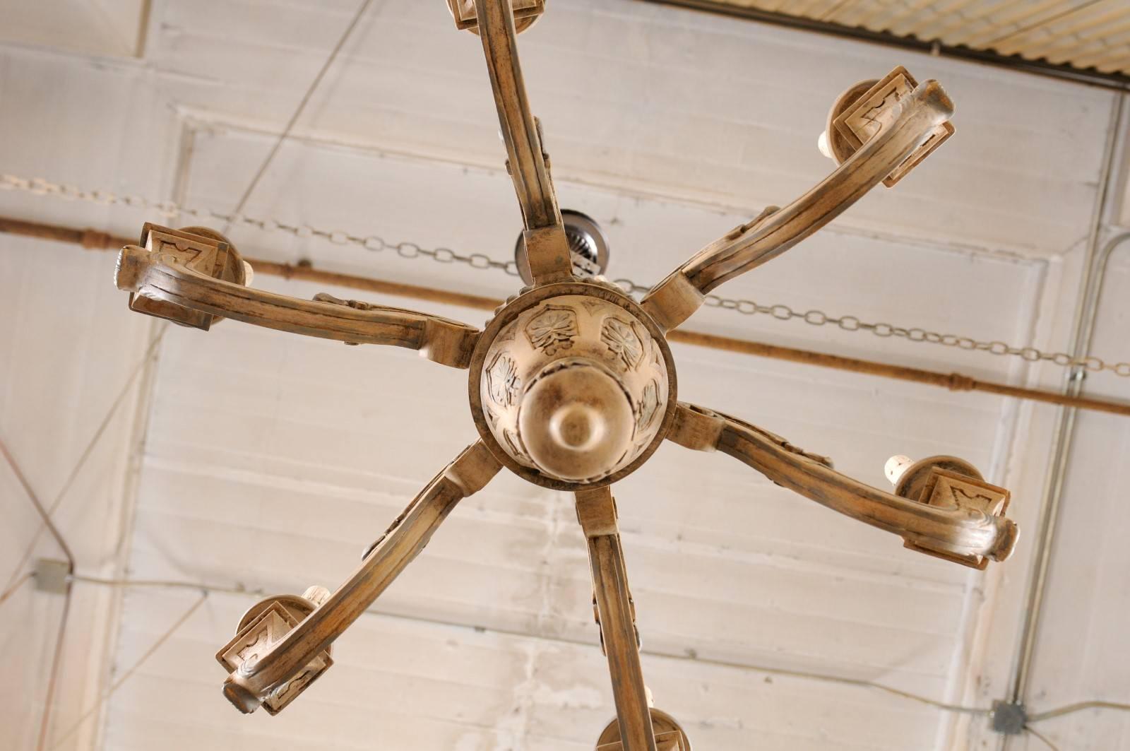 French Vintage Carved & Painted Wood Six-Light Chandelier in Light Beige & Grey 1