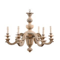 French Vintage Carved & Painted Wood Six-Light Chandelier in Light Beige & Grey