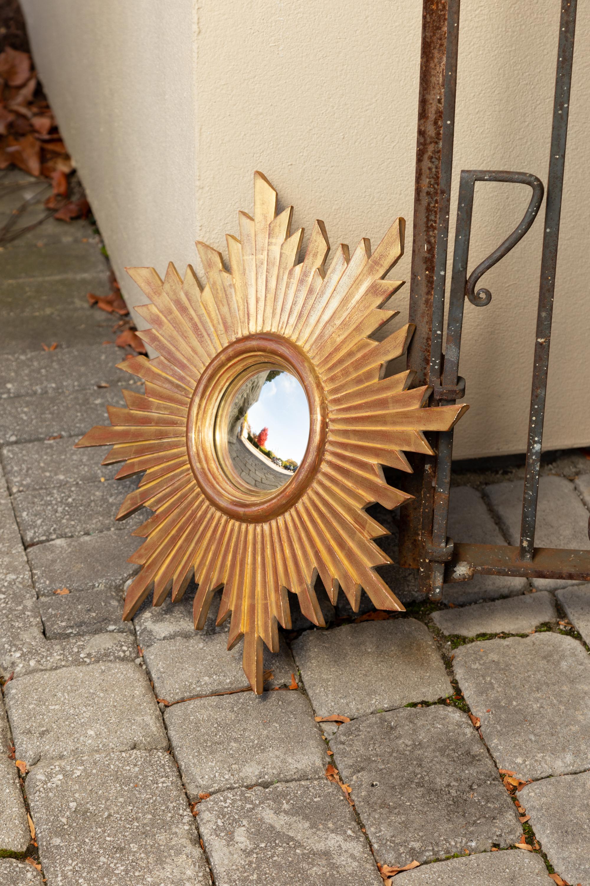 French Vintage Carved Midcentury Giltwood Sunburst with Convex Mirror 5