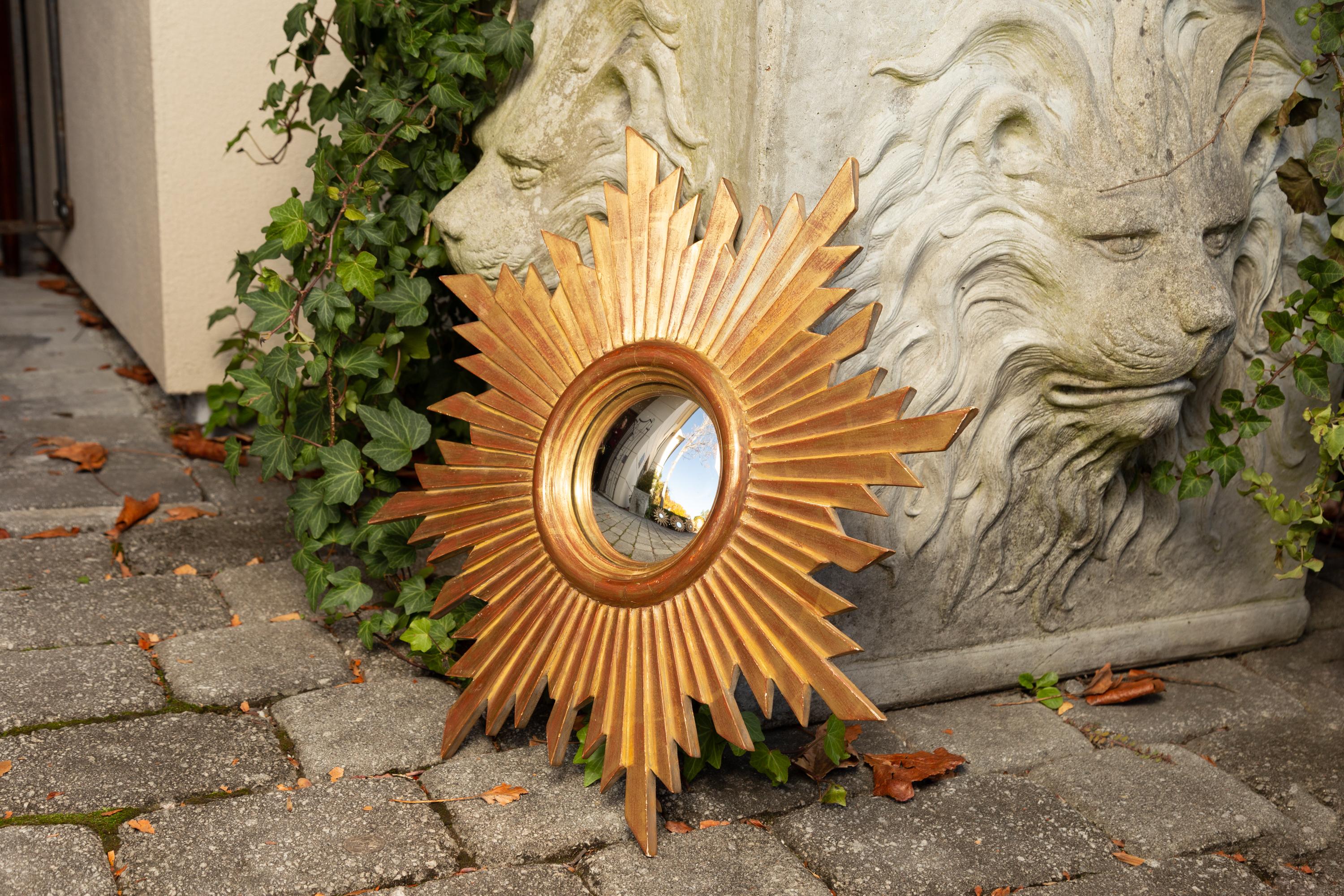 Mid-Century Modern French Vintage Carved Midcentury Giltwood Sunburst with Convex Mirror