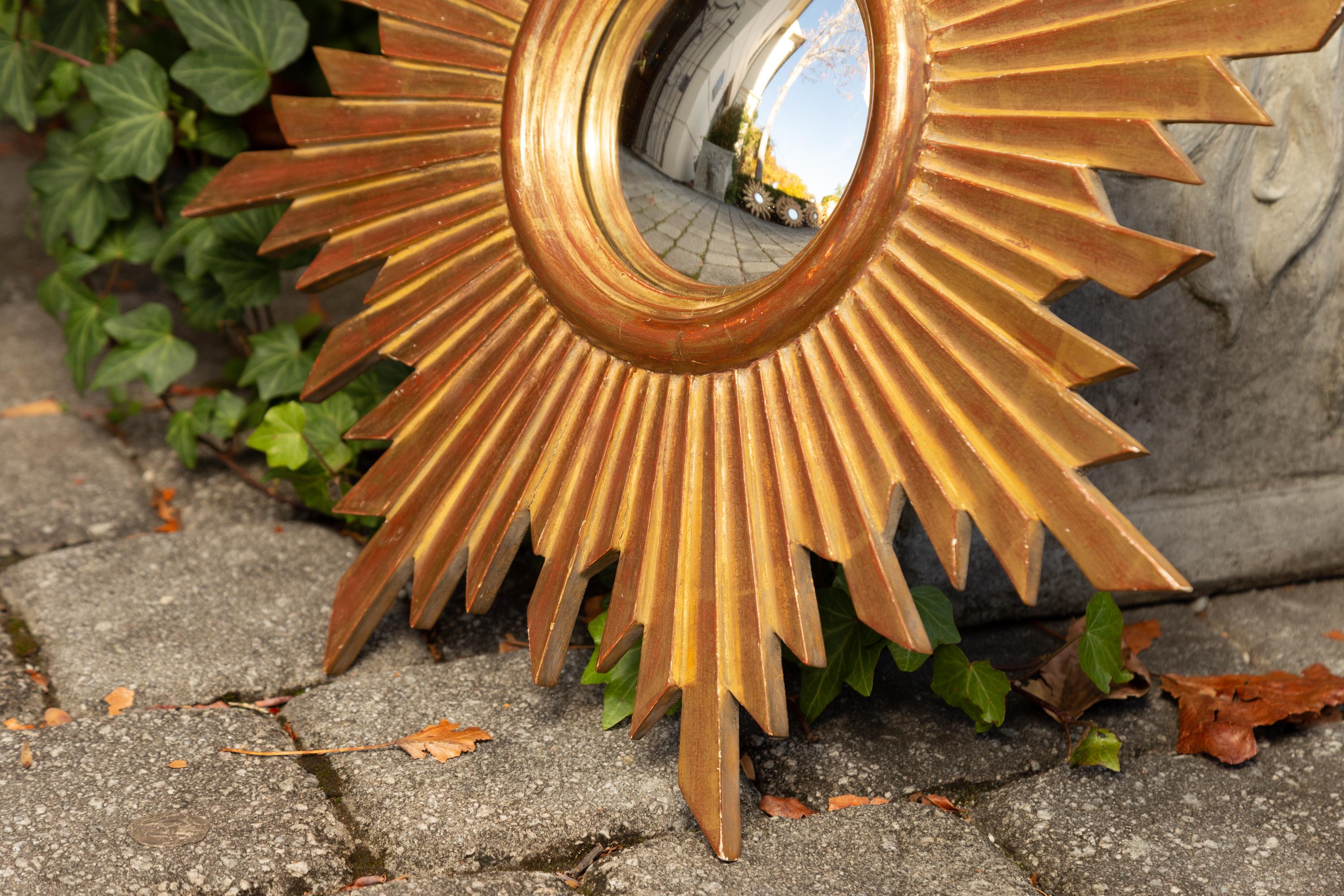 French Vintage Carved Midcentury Giltwood Sunburst with Convex Mirror 1