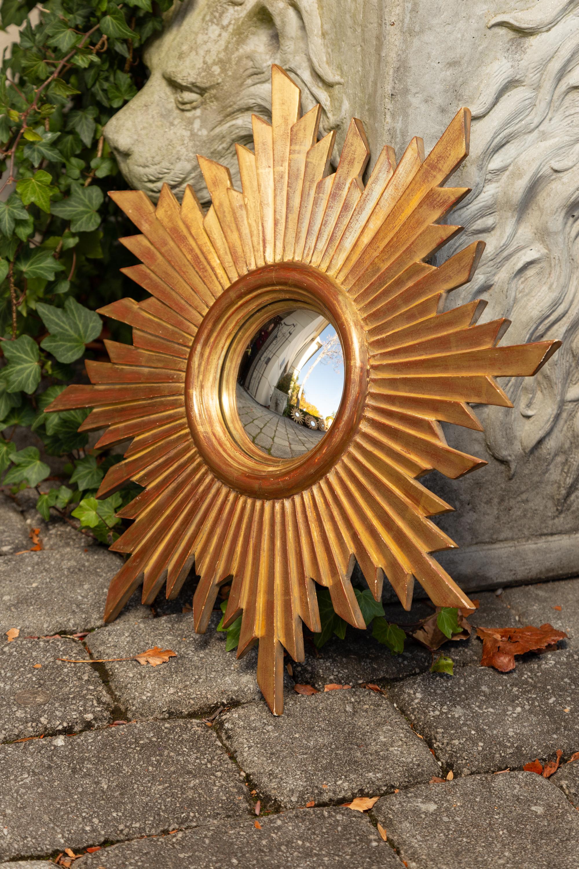 French Vintage Carved Midcentury Giltwood Sunburst with Convex Mirror 3