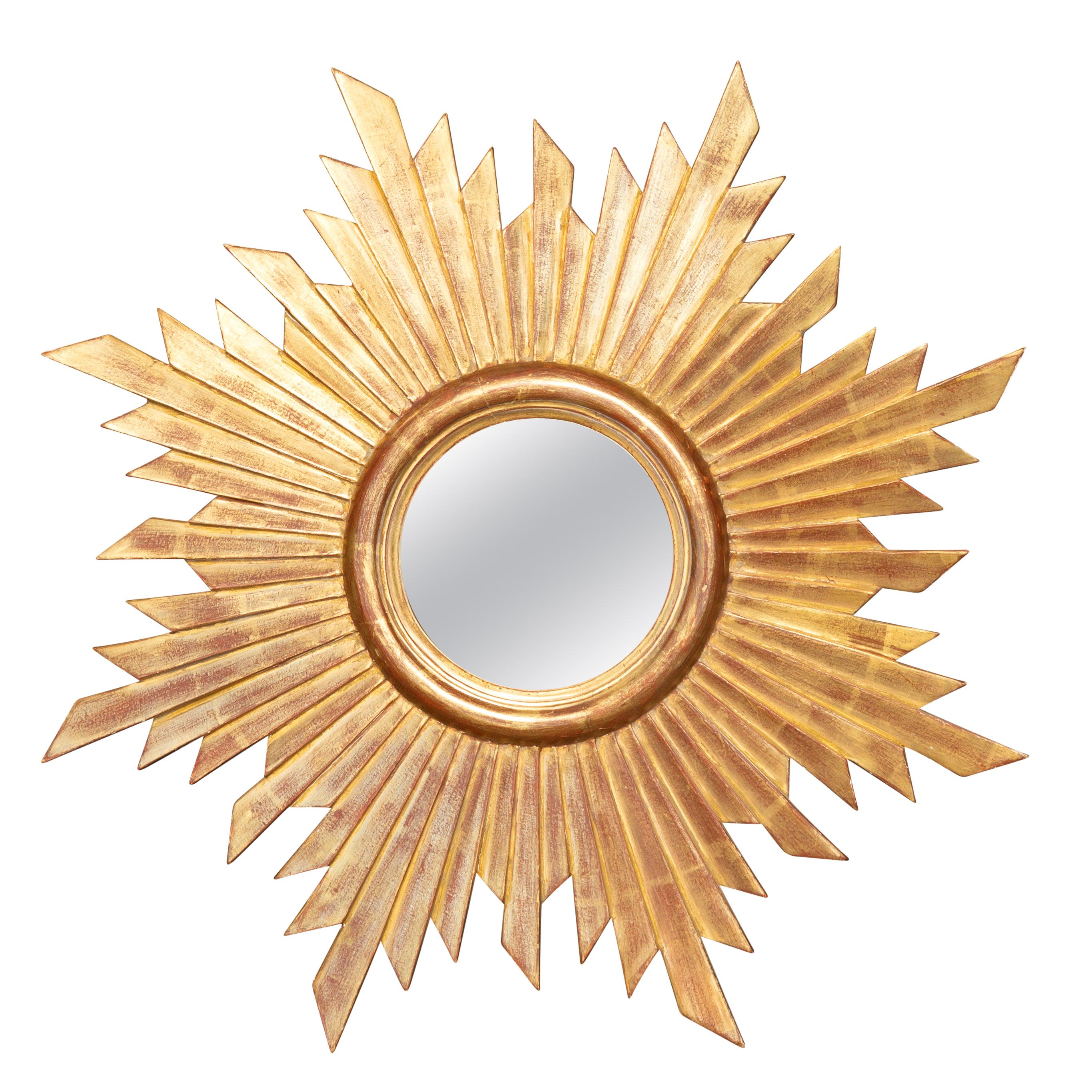 French Vintage Carved Midcentury Giltwood Sunburst with Convex Mirror