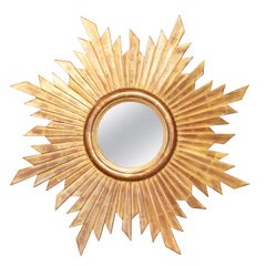 French Vintage Carved Midcentury Giltwood Sunburst with Convex Mirror