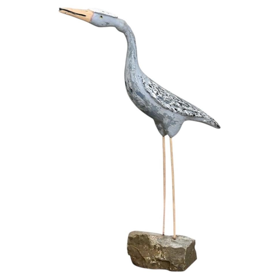 Vintage French Heron Sculpture, Hand-Painted Cast Stone, Circa 1950
