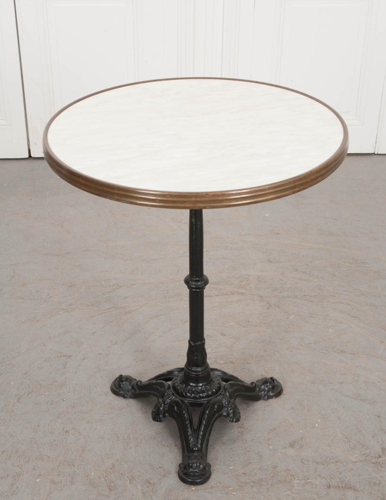 French Vintage CastIron, Cultured Marble, and Brass Bistro Table at