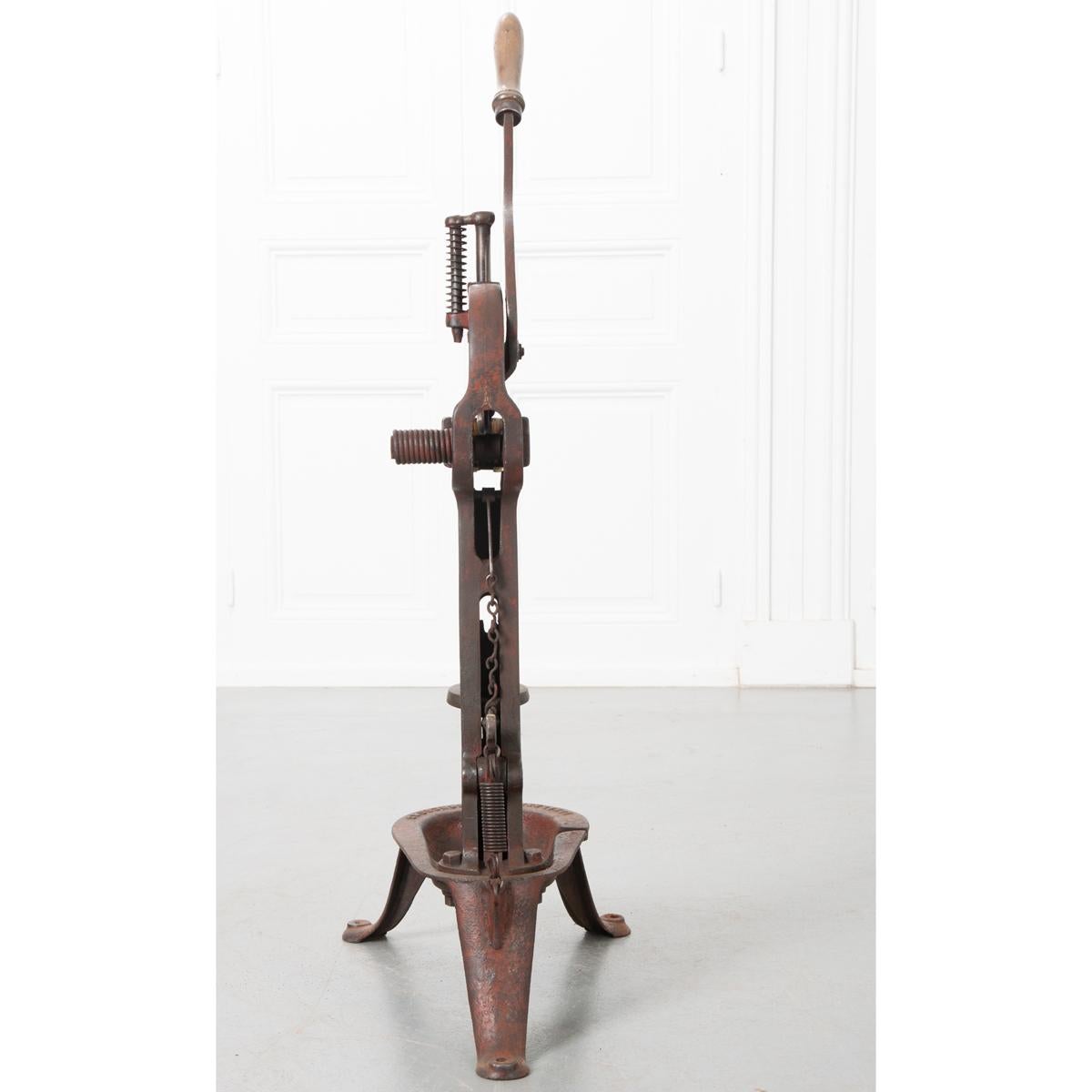 This unique apparatus has a lot to do with the history and shaping of French history and culture: the wine bottle corker. Made of iron around 1890, was used in a winery in Bordeaux. On one side is printed “LA MEILLEUAE B” and also B.F Paris. The