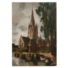 French Vintage Cathedral Painting