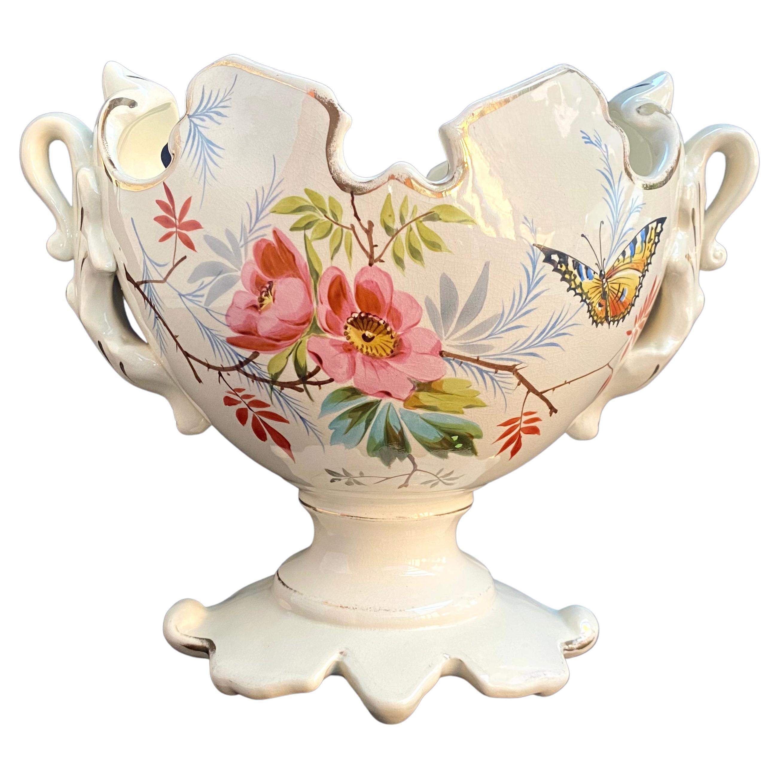 Fioriera francese in ceramica vintage, vaso in porcellana con motivo floreale del 1950