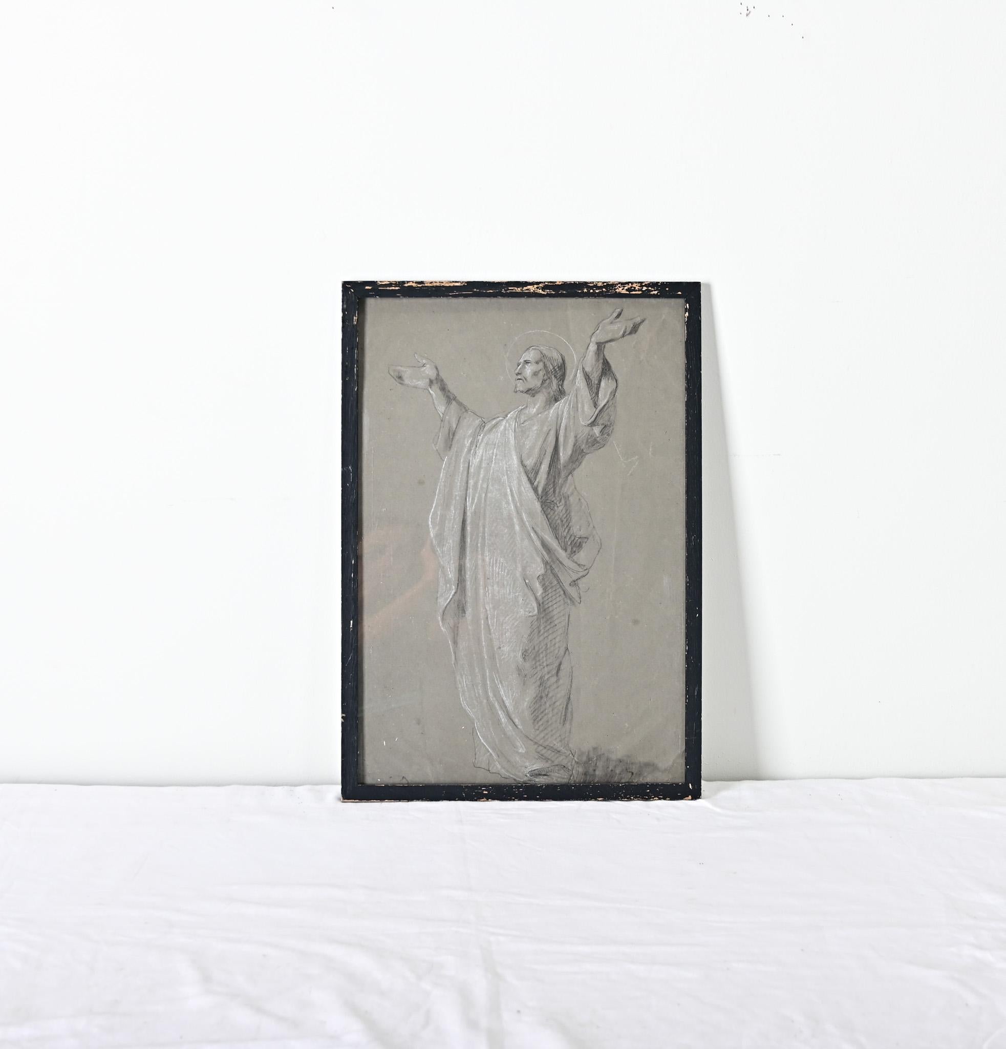 Französisch Vintage Holzkohlezeichnung von Jesus im Zustand „Gut“ im Angebot in Baton Rouge, LA