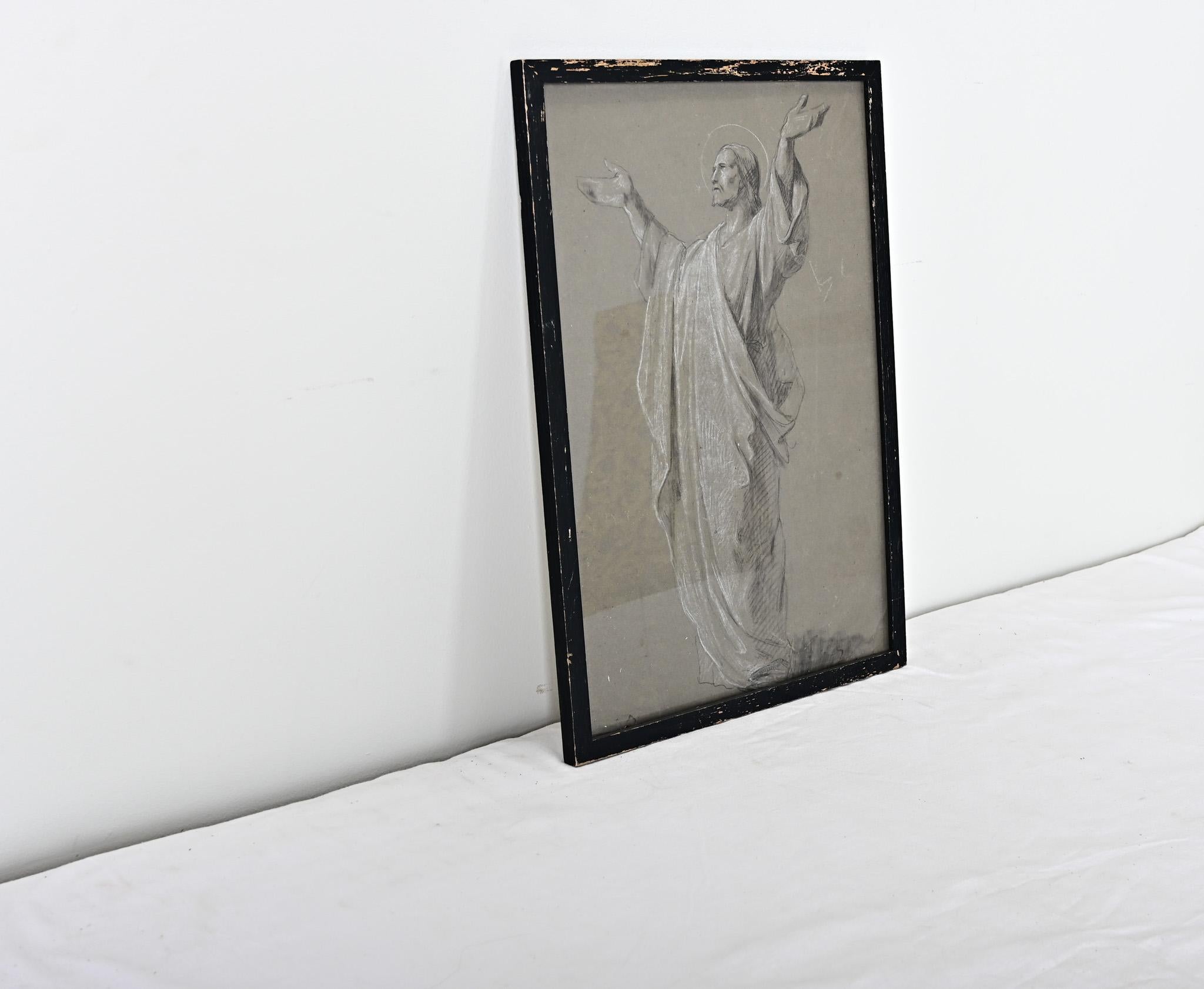 Französisch Vintage Holzkohlezeichnung von Jesus (Glas) im Angebot