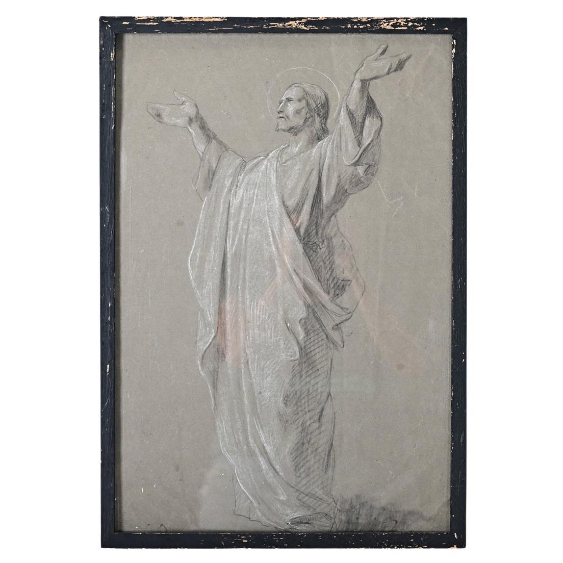 Disegno a carboncino francese d'epoca di Gesù