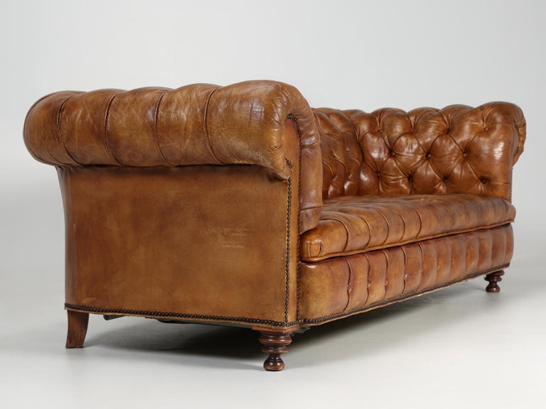 Mid-20th Century French Vintage Chesterfield Tufted Leather Sleeper Sofa and all Original 
