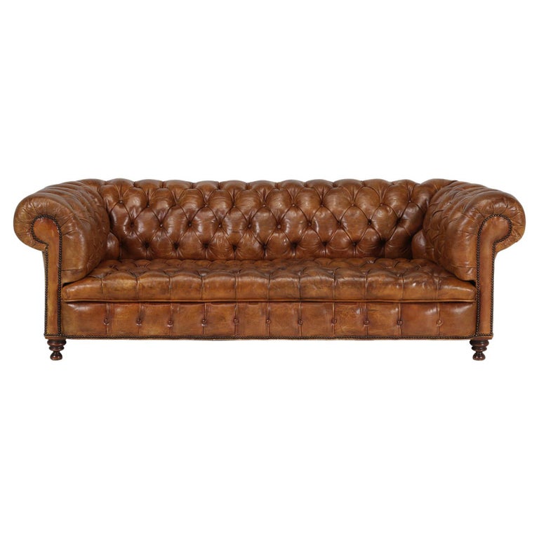 French Vintage Chesterfield Tufted, Tan Leather Sleeper Couch