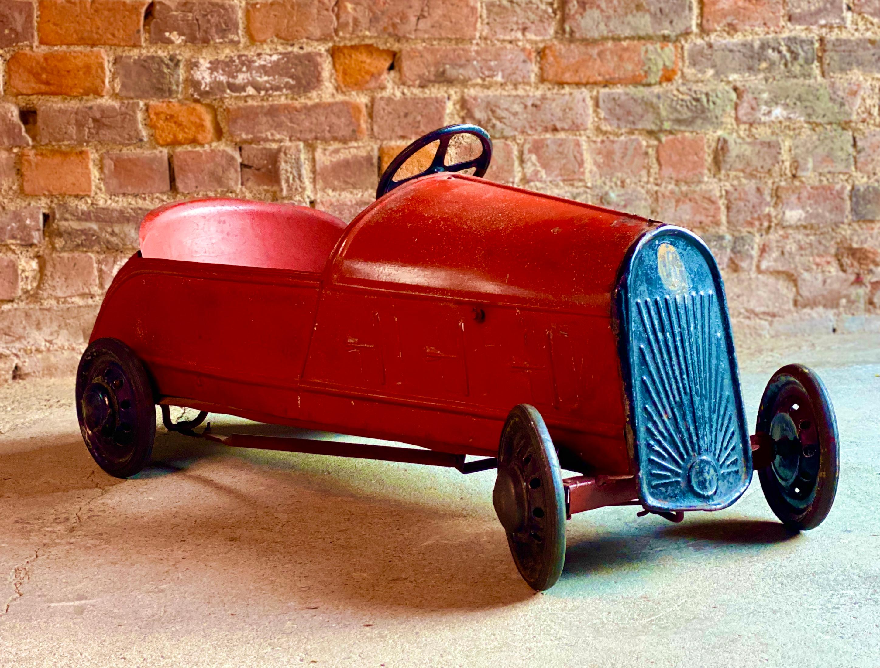 French Vintage Childs Pedal Car Metal Art Deco Era, circa 1930s In Distressed Condition In Longdon, Tewkesbury
