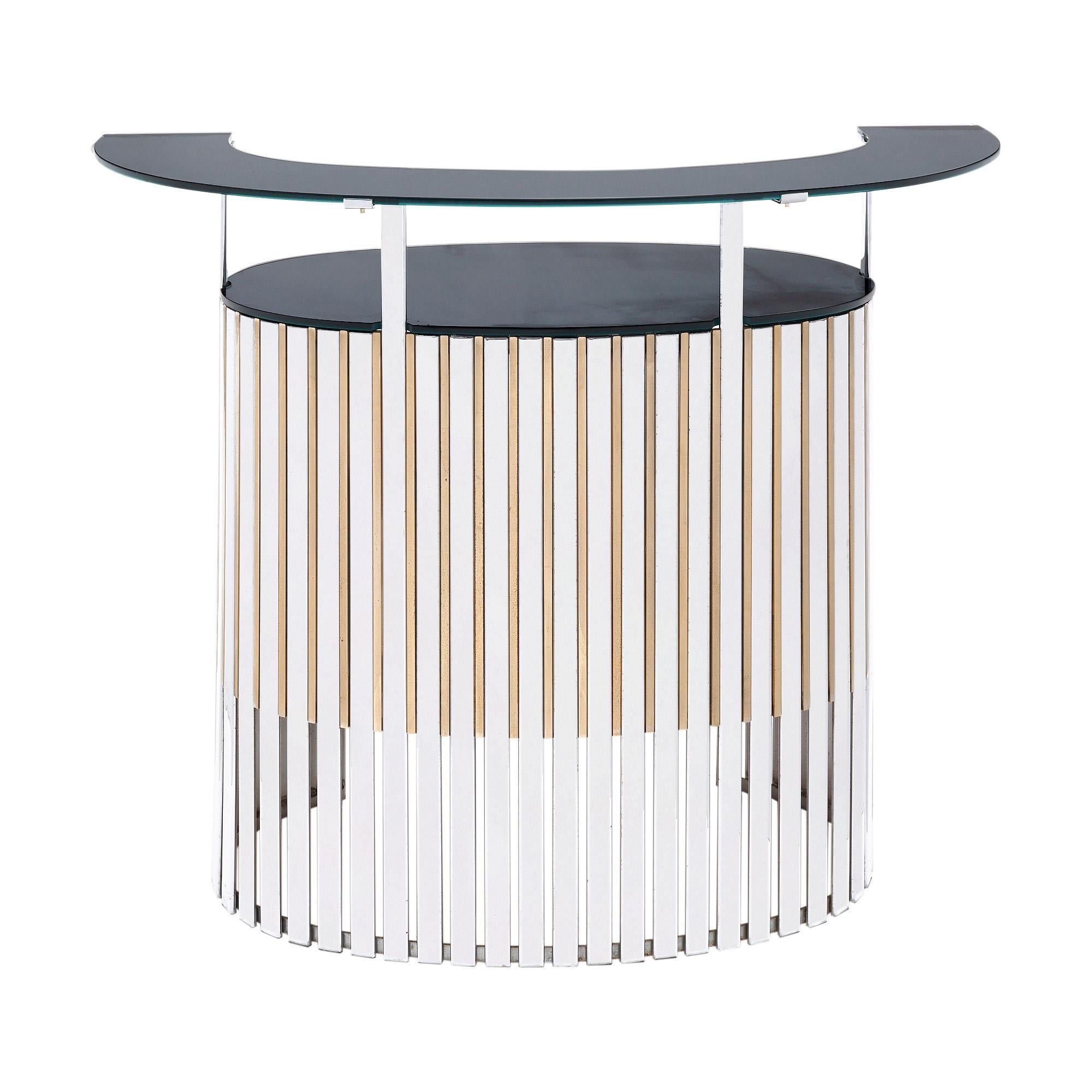 French Vintage Cocktail Bar, Oval Shape, Chromed Steel & Brass, 1970 For Sale