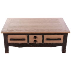 Table basse française vintage de style Indus, chêne massif, teinture en chêne laqué noir