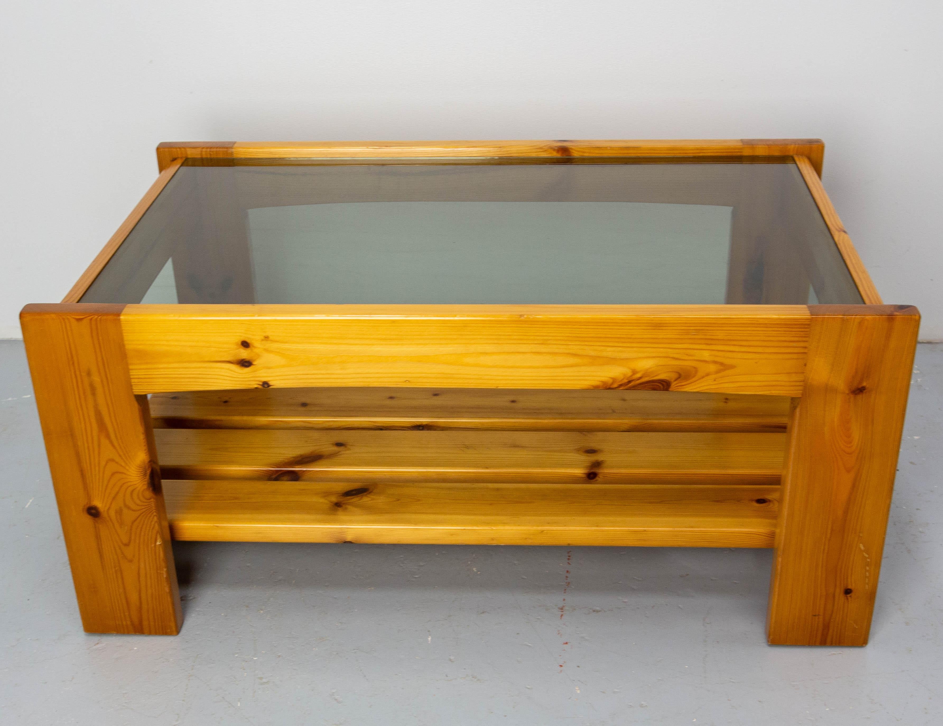 French Vintage Coffee Table, Pine and Smoked Glass, circa 1980 For Sale 5