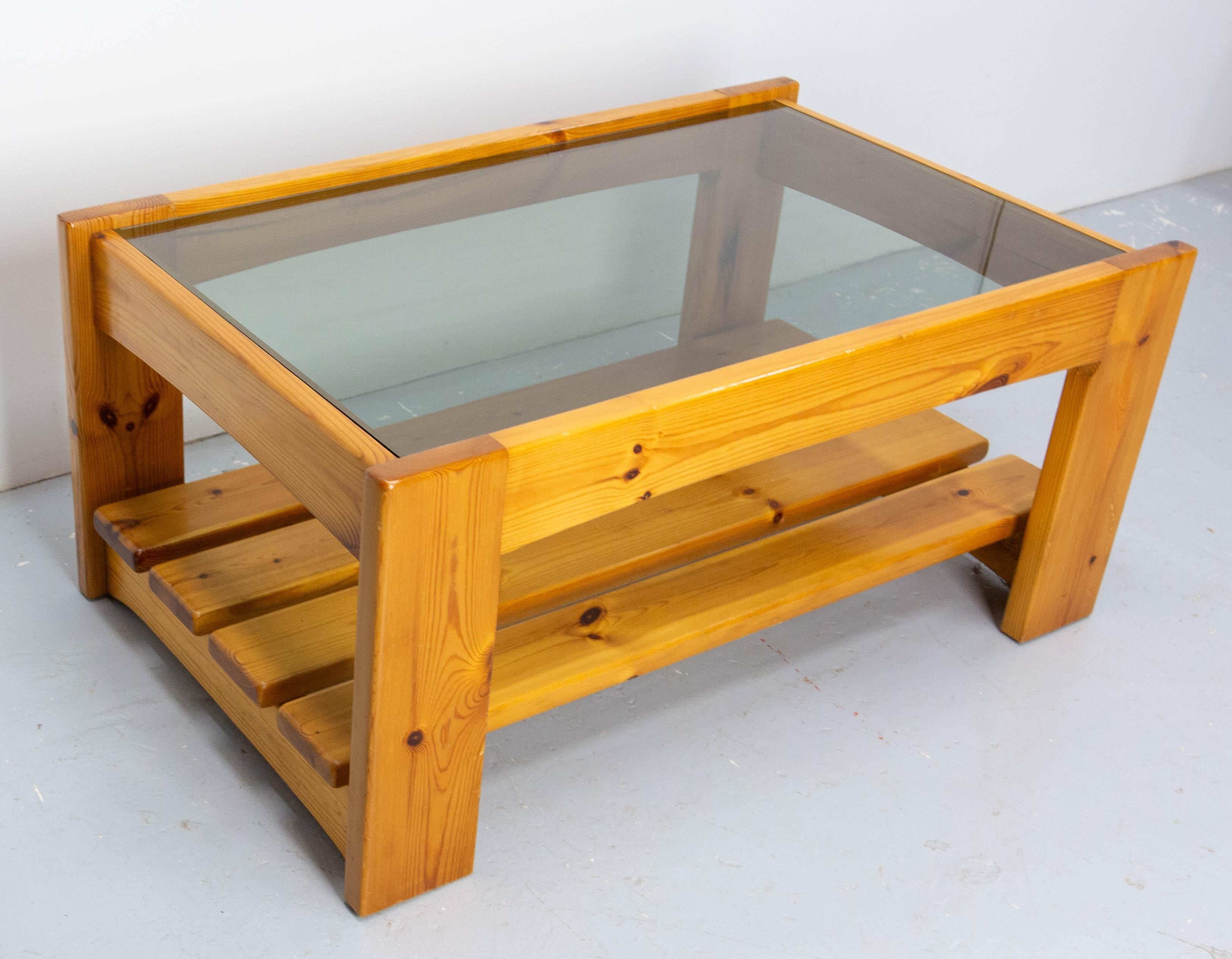 Mid-Century Modern French Vintage Coffee Table, Pine and Smoked Glass, circa 1980 For Sale