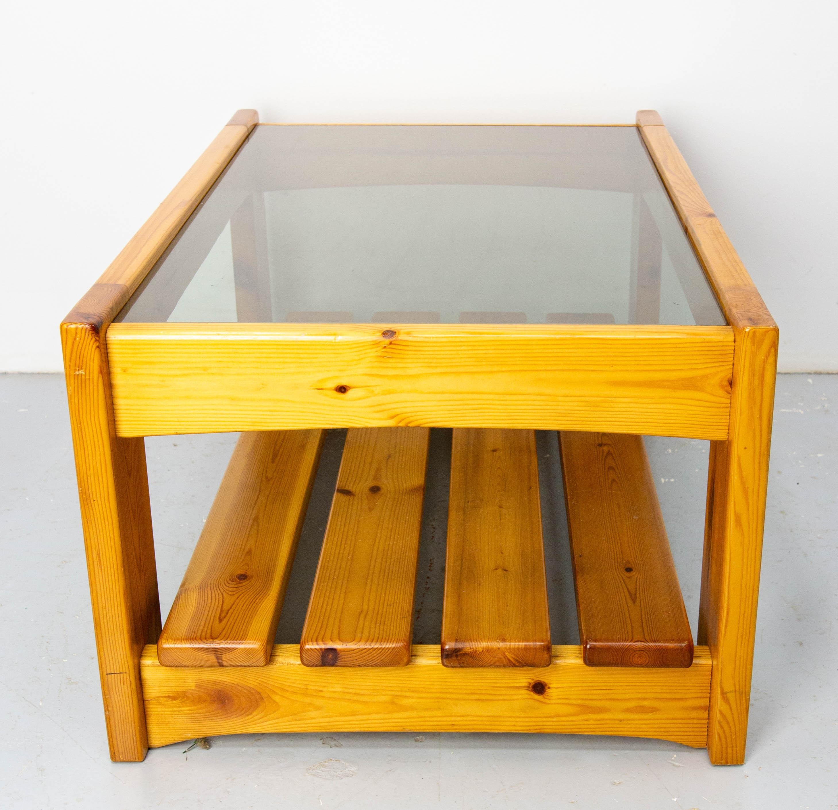 French Vintage Coffee Table, Pine and Smoked Glass, circa 1980 For Sale 1