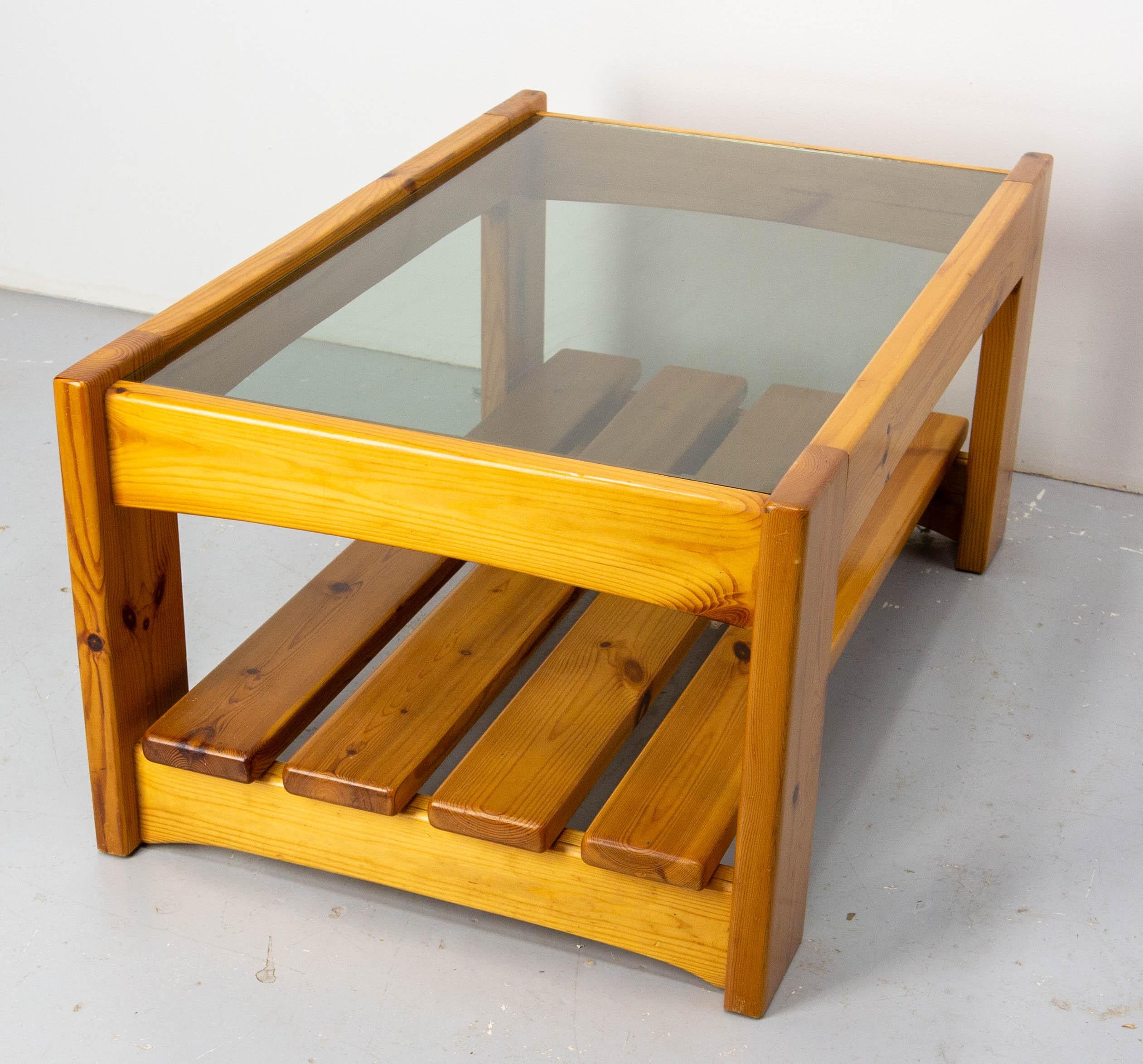 French Vintage Coffee Table, Pine and Smoked Glass, circa 1980 For Sale 4
