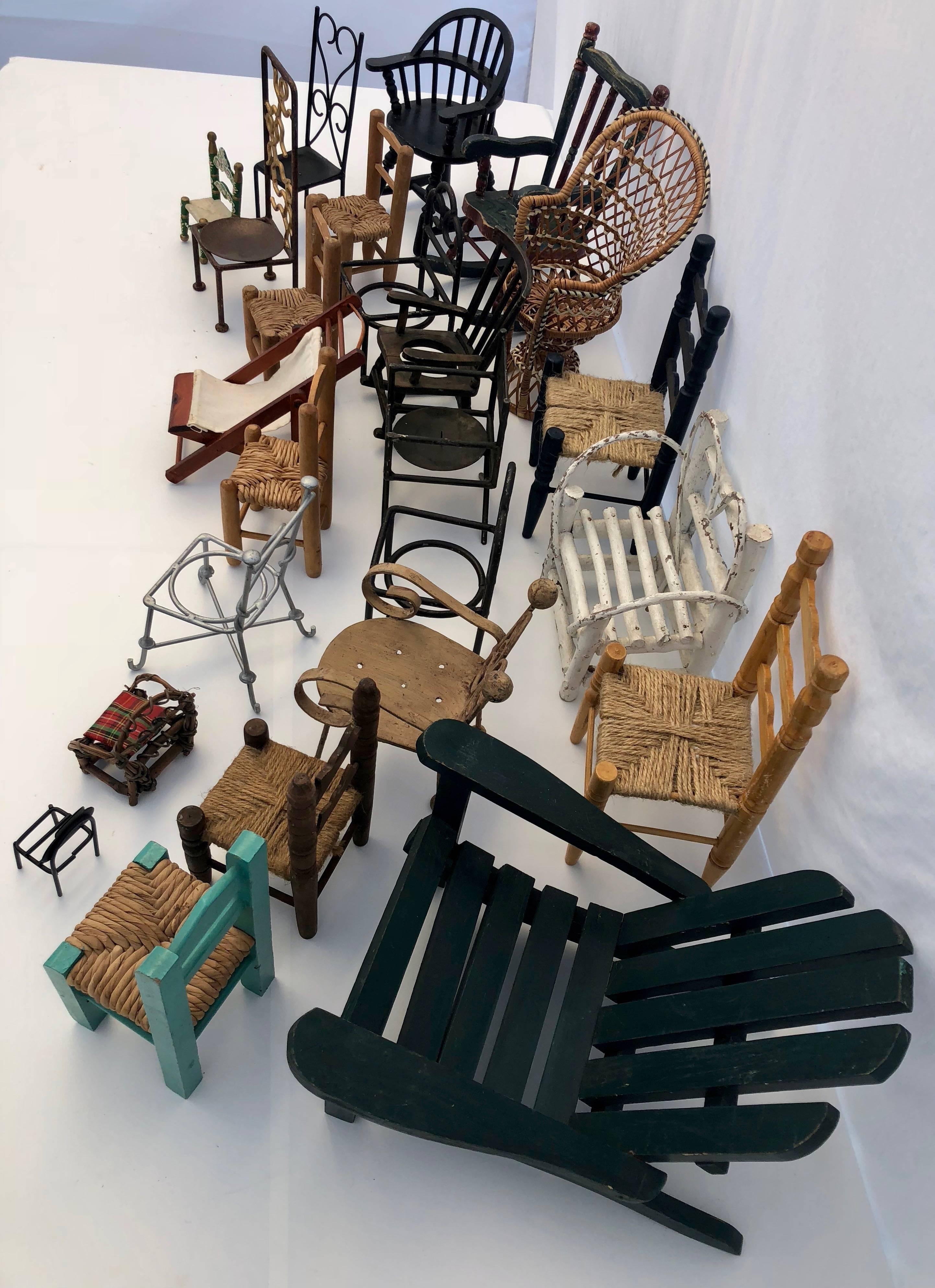 French Vintage Collection of 24 Miniature Chairs in Assorted Materials 1