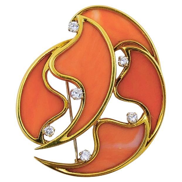 Broche Vintage Corail Diamant Or 18k