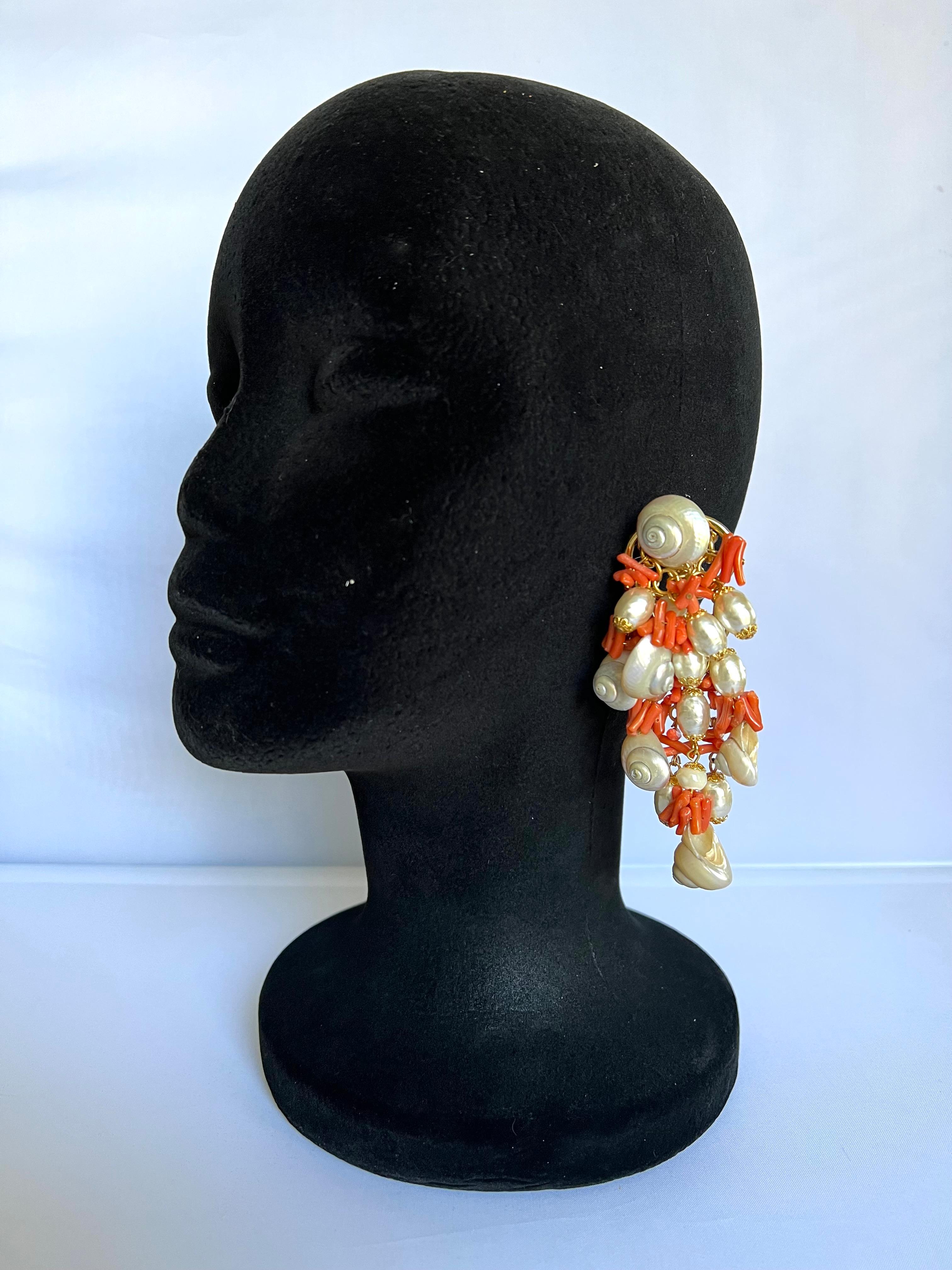 Artisan French Vintage Coral, Pearl, and Shell Statement Earrings