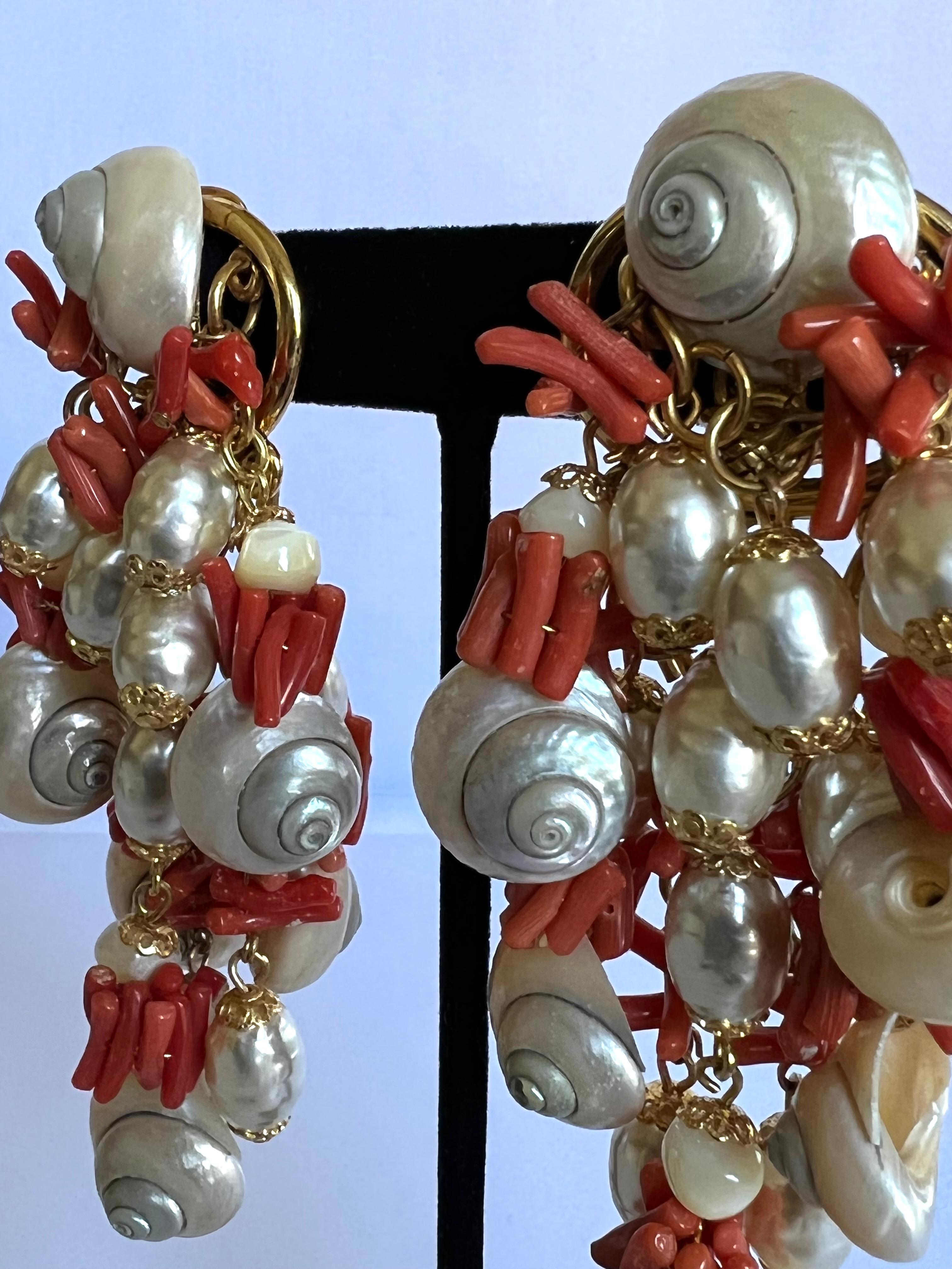 Bead French Vintage Coral, Pearl, and Shell Statement Earrings