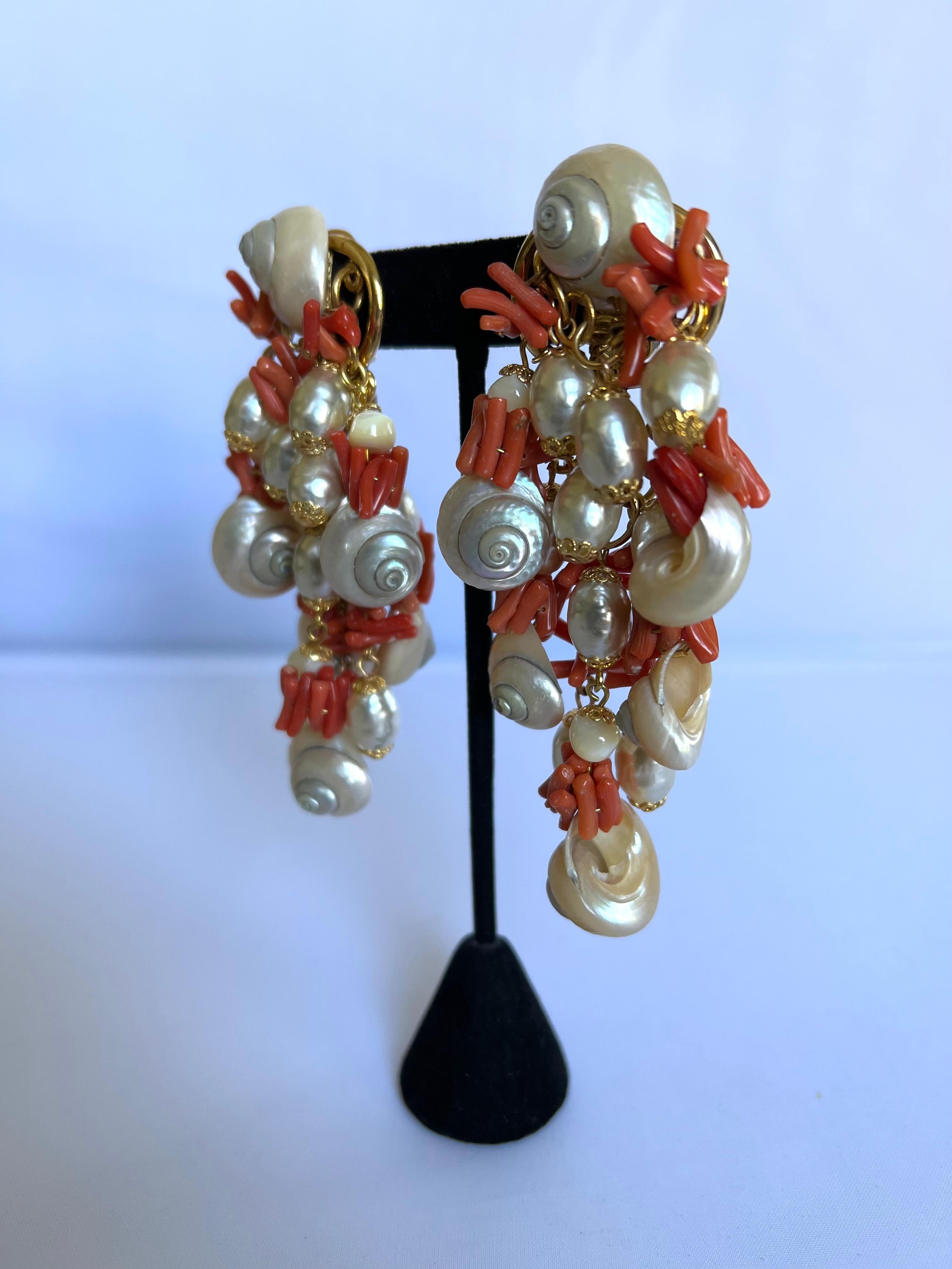 French Vintage Coral, Pearl, and Shell Statement Earrings In Excellent Condition In Palm Springs, CA