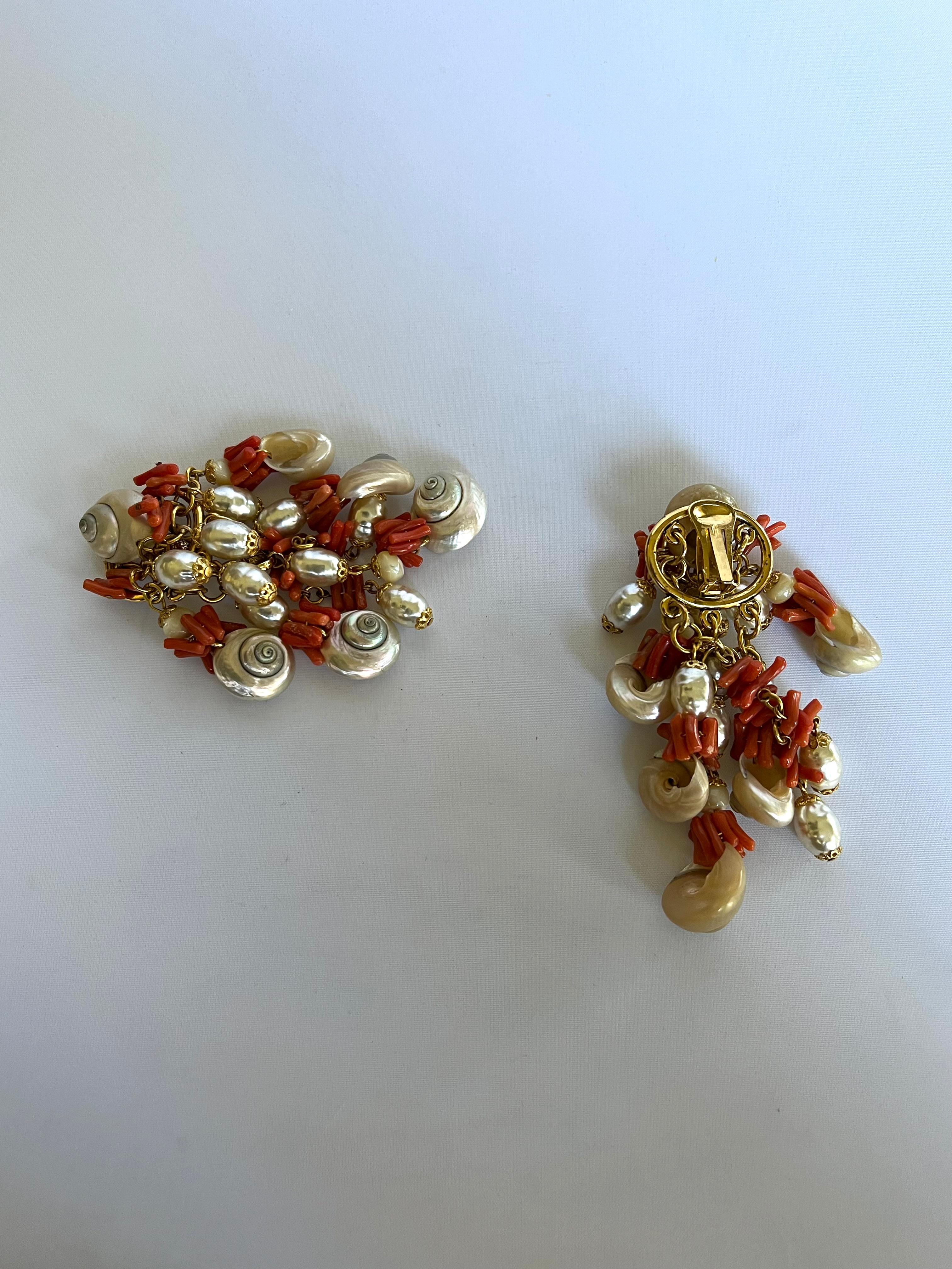 Women's French Vintage Coral, Pearl, and Shell Statement Earrings