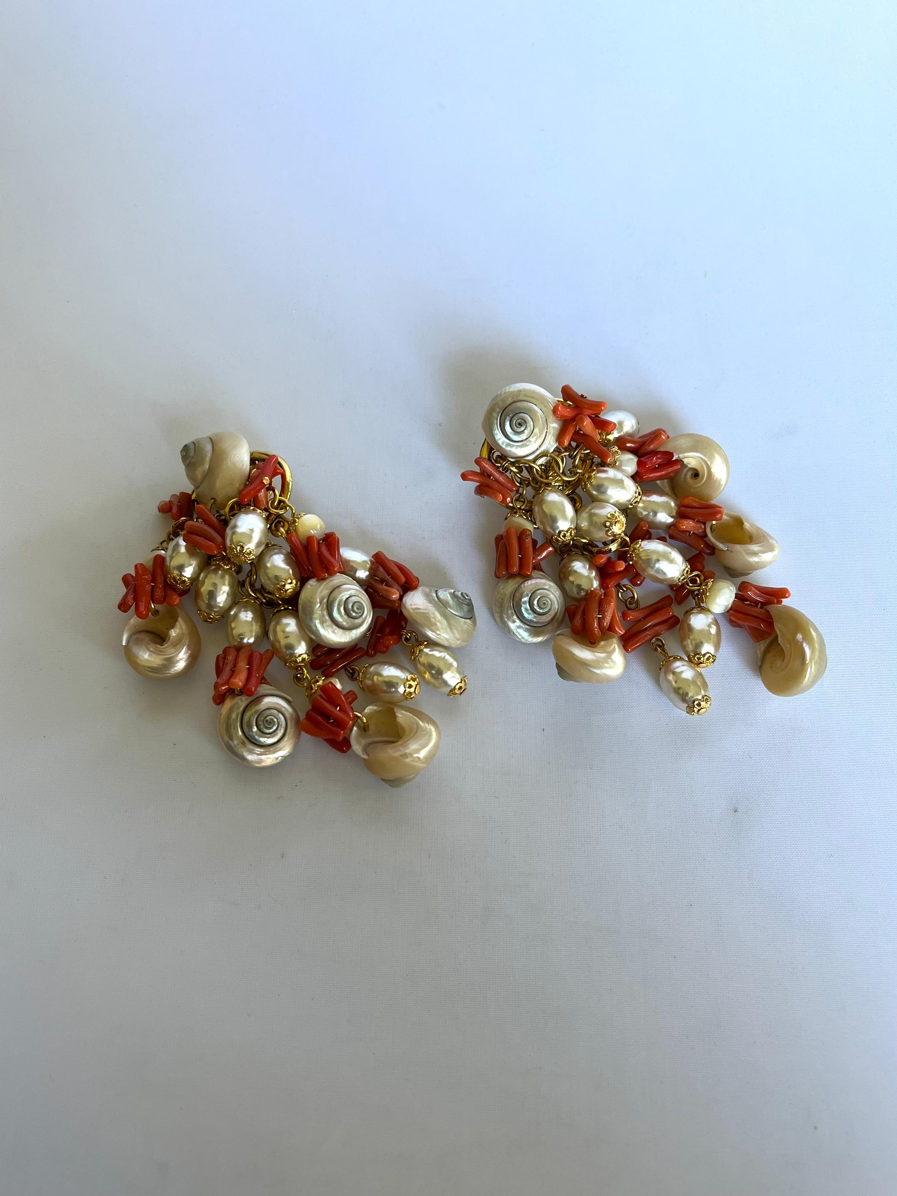 French Vintage Coral, Pearl, and Shell Statement Earrings 1