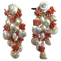 French Vintage Coral, Pearl, and Shell Statement Earrings