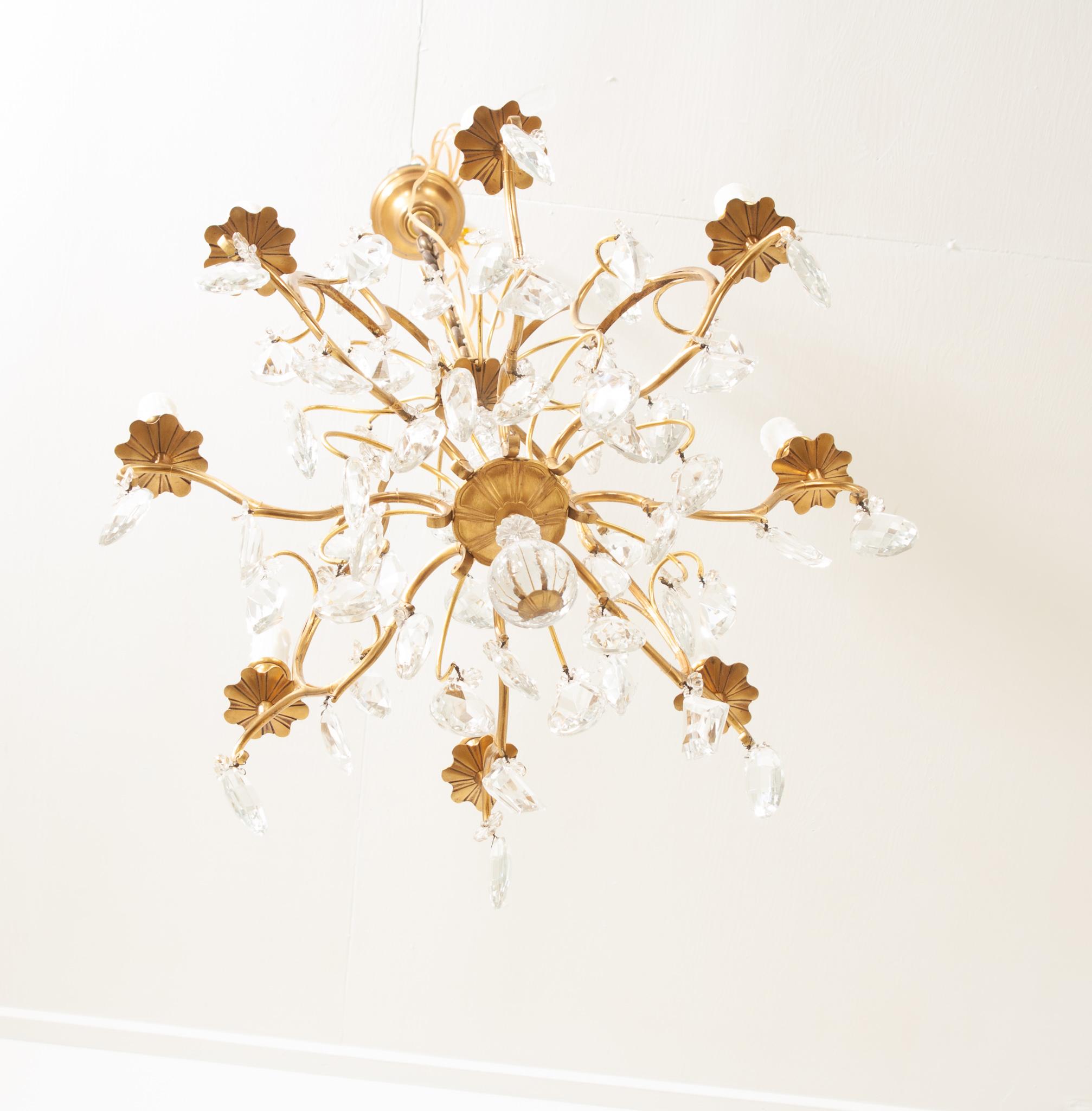French Vintage Crystal & Brass Chandelier In Good Condition For Sale In Baton Rouge, LA