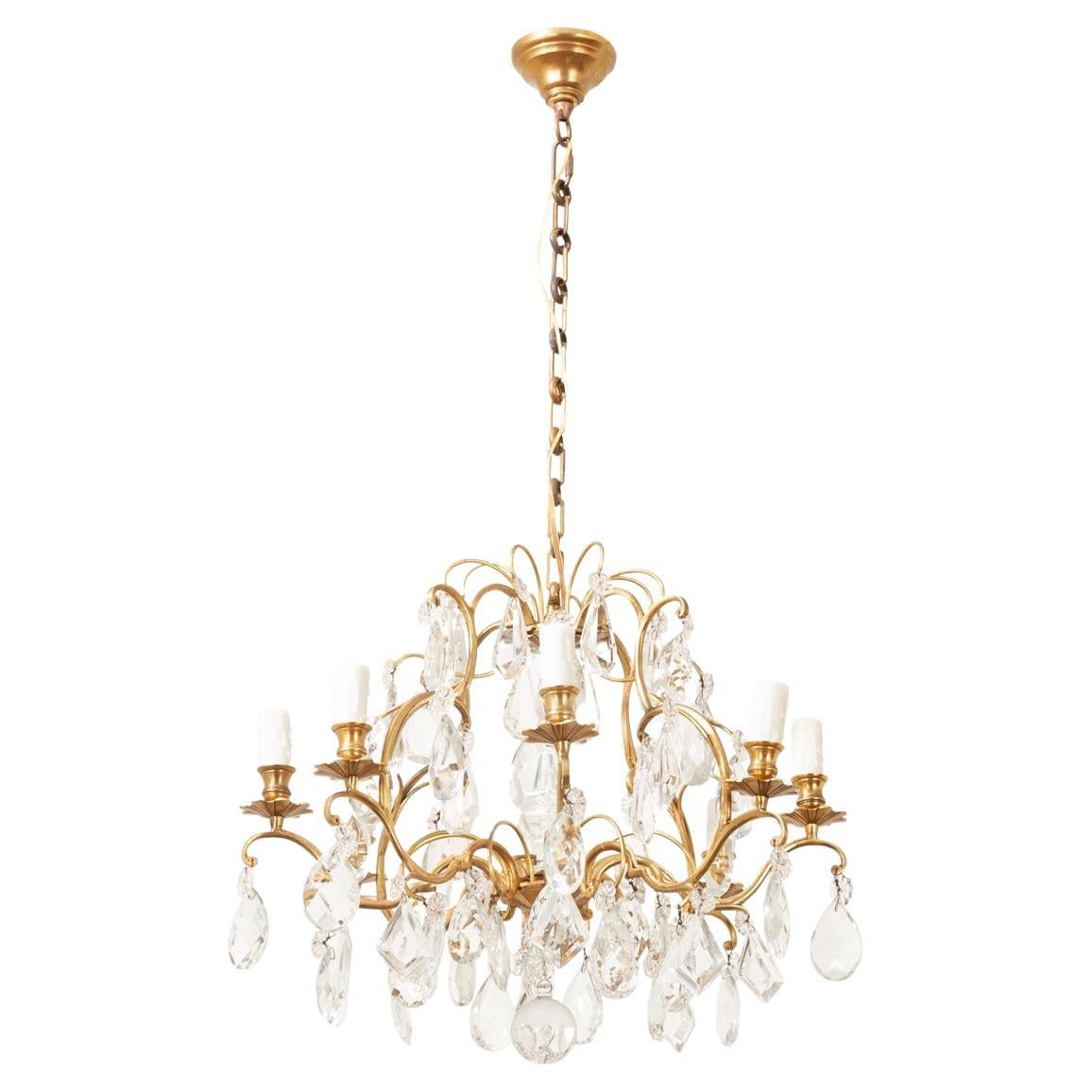 French Vintage Crystal & Brass Chandelier For Sale