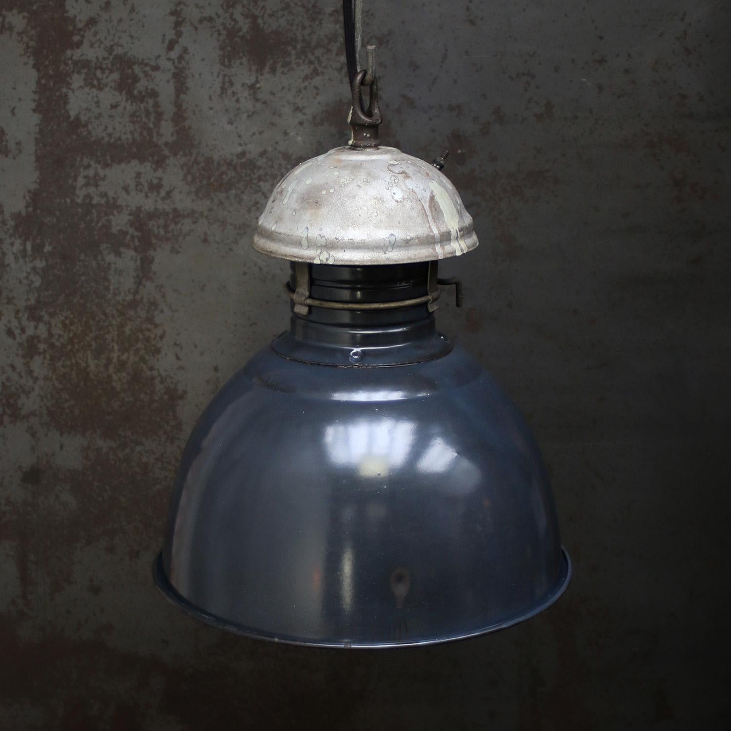 20th Century French Vintage Dark Blue Enamel Industrial Pedant Light For Sale