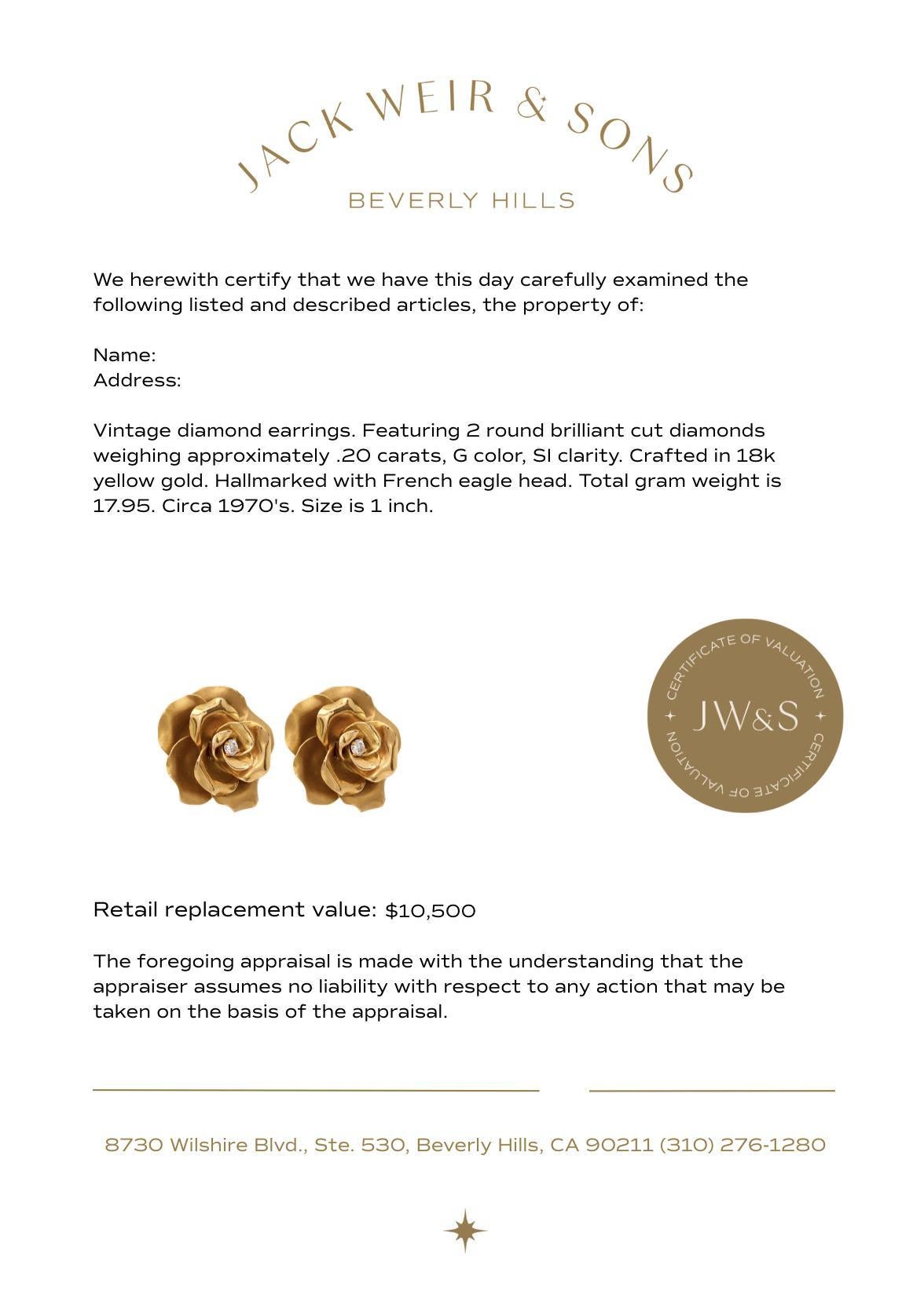 Französische Vintage-Diamant-Ohrringe aus 18k Gelbgold mit Rosenblüten im Zustand „Gut“ im Angebot in Beverly Hills, CA