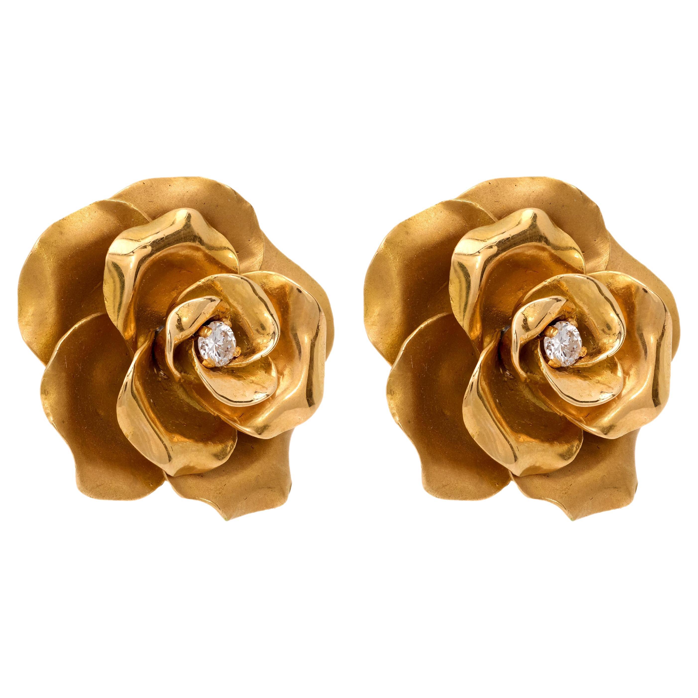 Orecchini a petalo di rosa in oro giallo 18 carati con diamanti vintage francesi