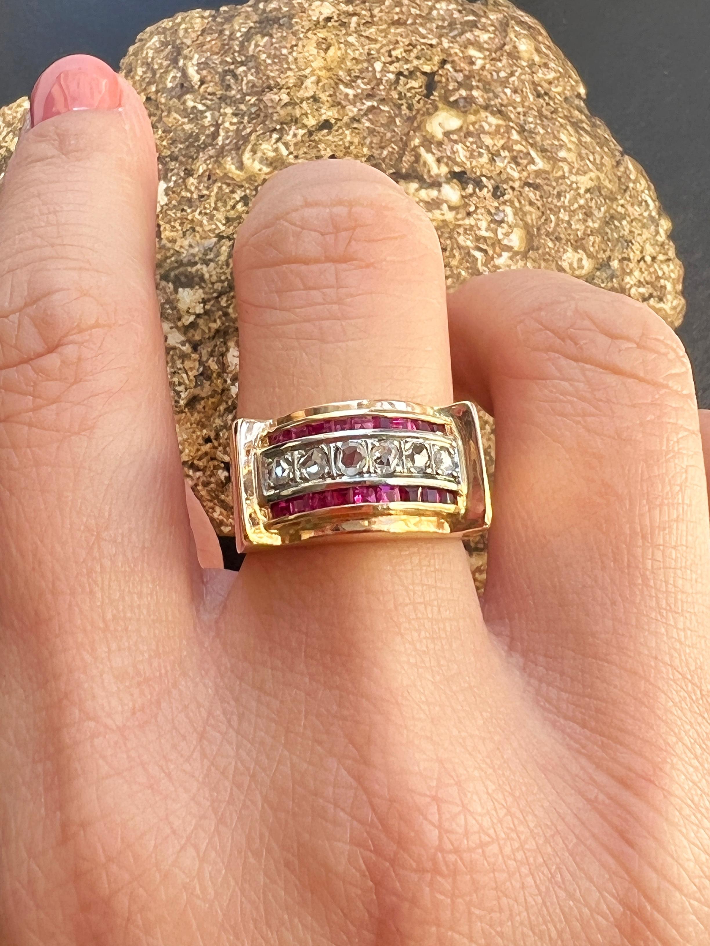 Retro French Vintage Diamond and Ruby 18K Gold Tank Ring For Sale